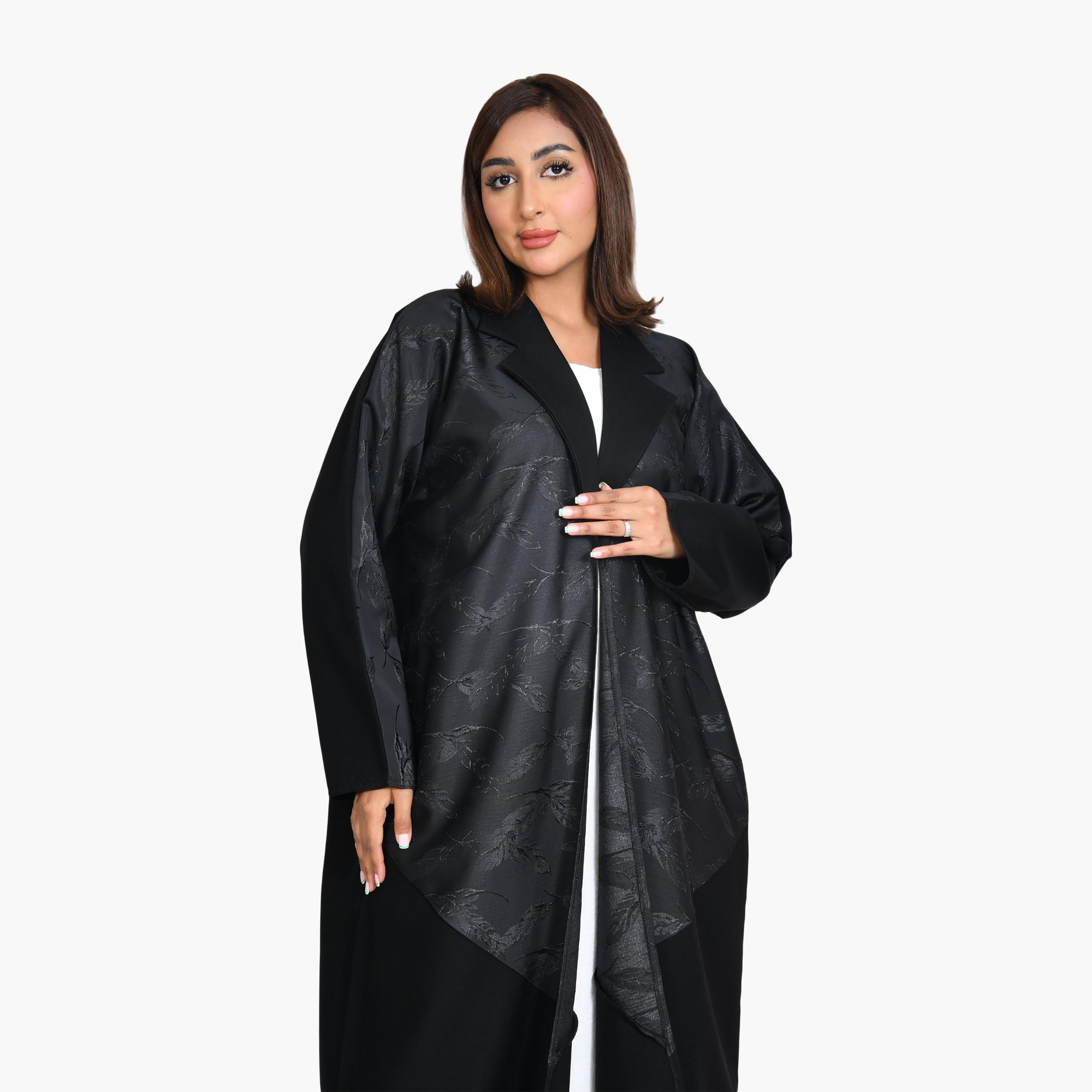 Beyond Abaya Black Jacquard Lapel Collar Linen Women's Straight-Cut Abaya-women-arabicclothing-abayas-image-3