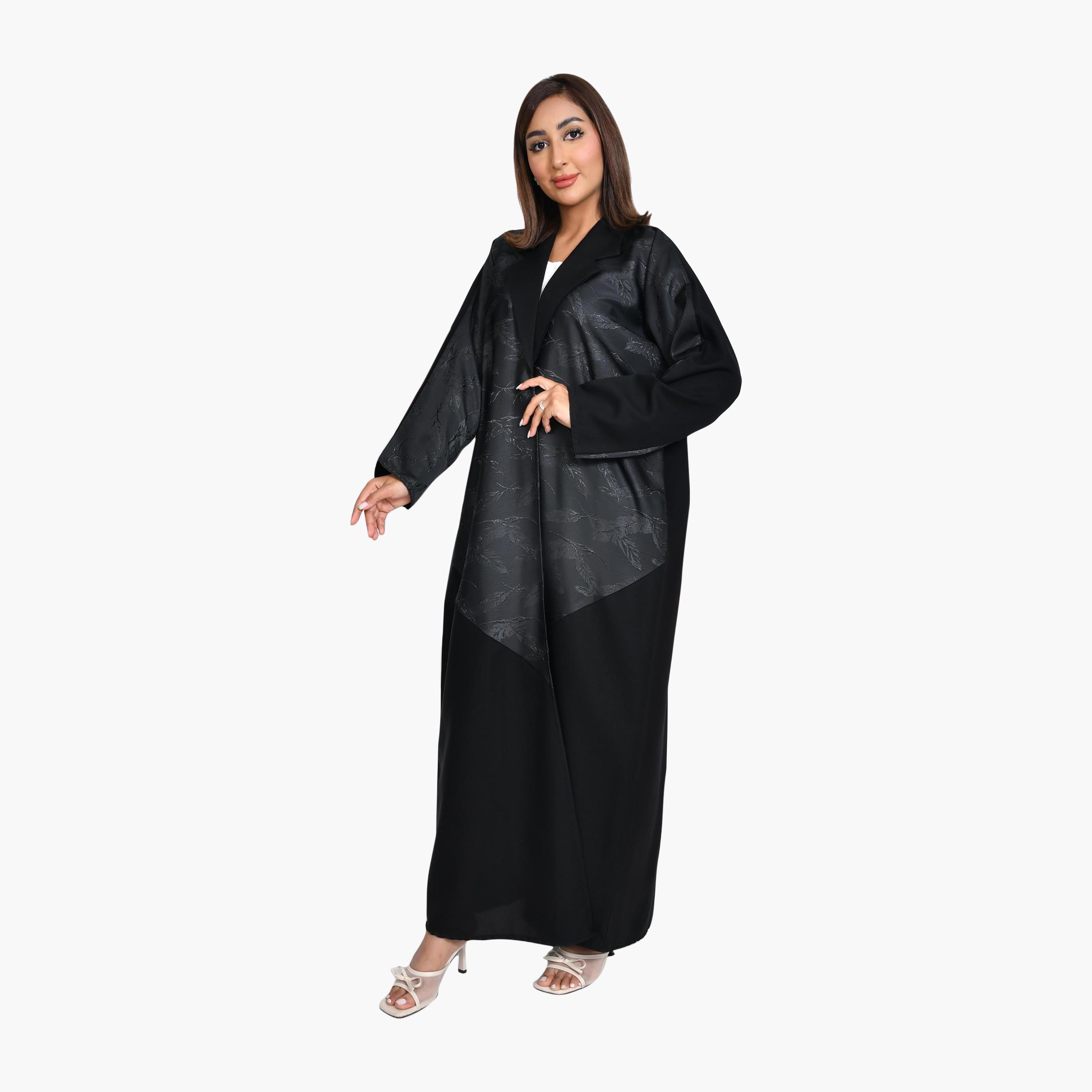 Beyond Abaya Black Jacquard Lapel Collar Linen Women's Straight-Cut Abaya-women-arabicclothing-abayas-image-4