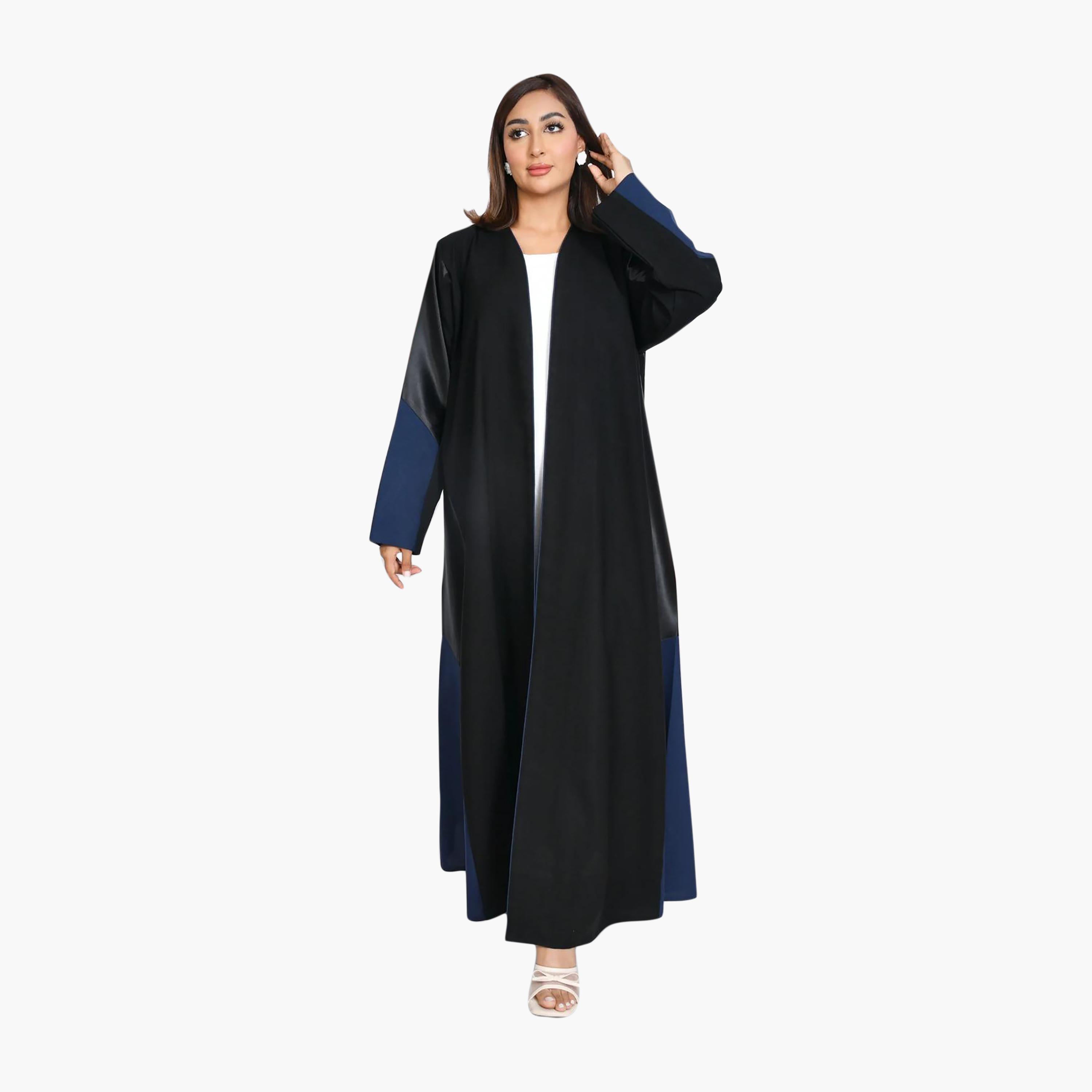 عباية نسائية من الكتان الأسود بتصميم كلوش، مزينة بنقشة مربعات ملونة من بيوند عباية-women-arabicclothing-abayas-image-1