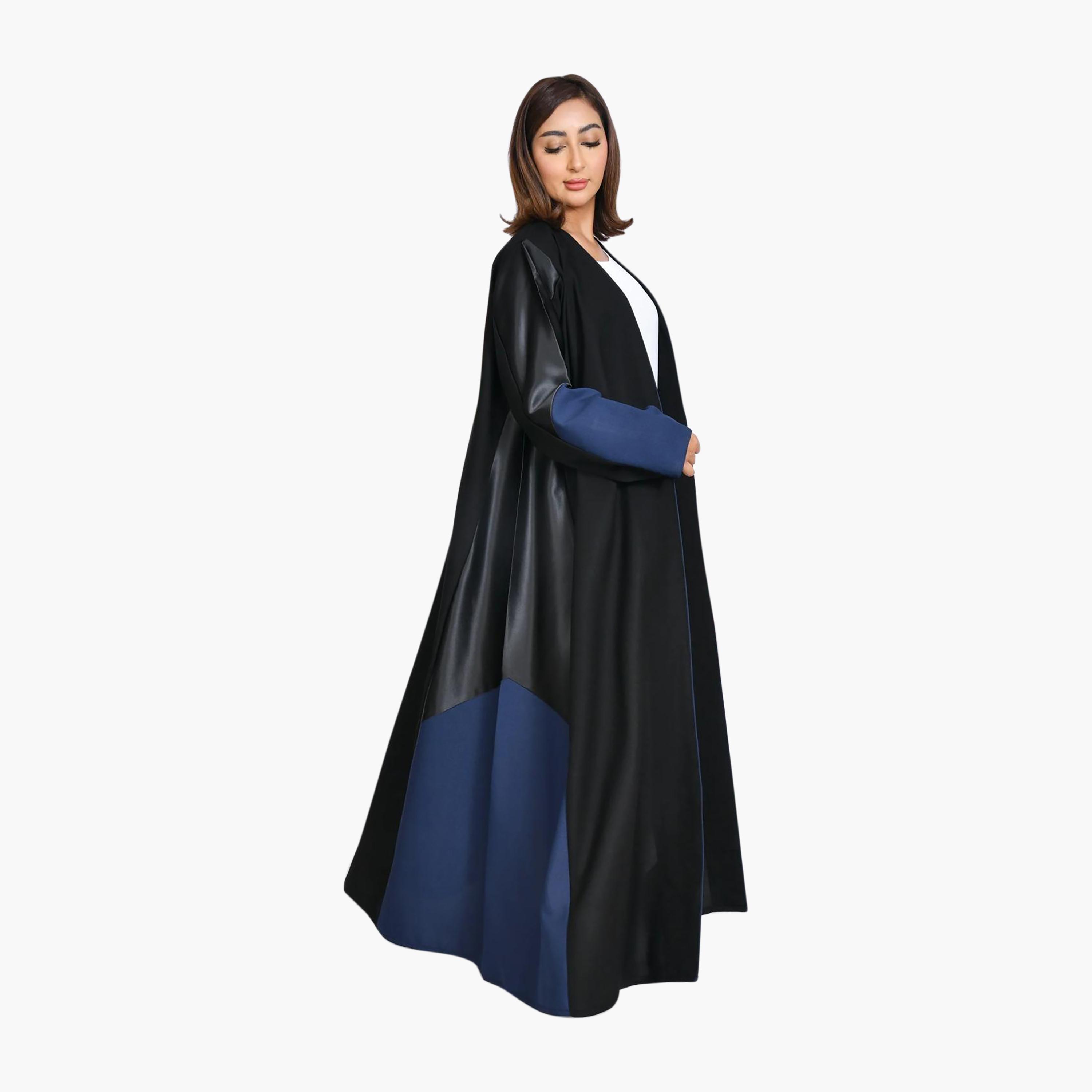 عباية نسائية من الكتان الأسود بتصميم كلوش، مزينة بنقشة مربعات ملونة من بيوند عباية-women-arabicclothing-abayas-image-4