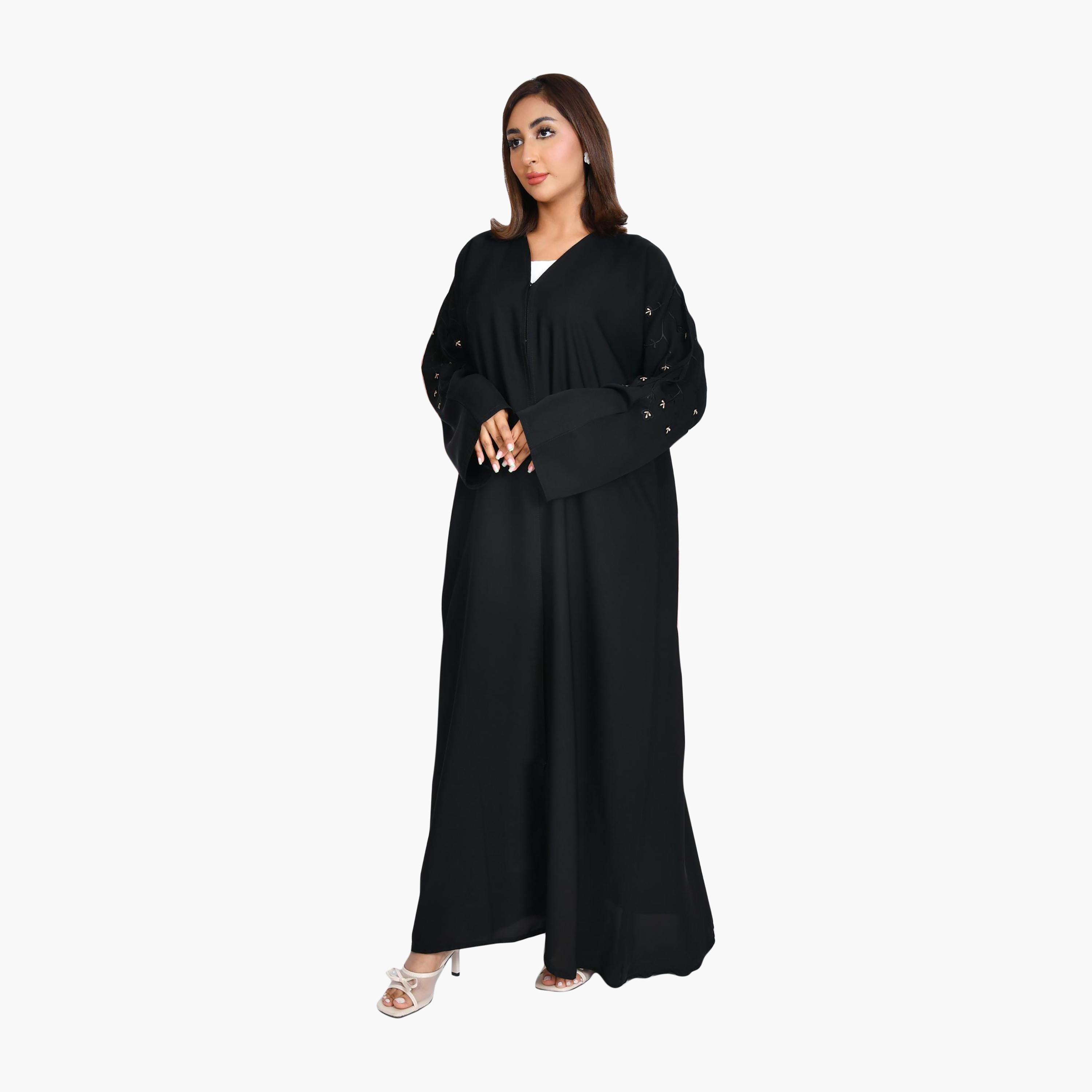 Beyond Abaya Black Embroidered Wide Sleeves Linen Women's Quarter-Cloche Abaya-women-arabicclothing-abayas-image-1