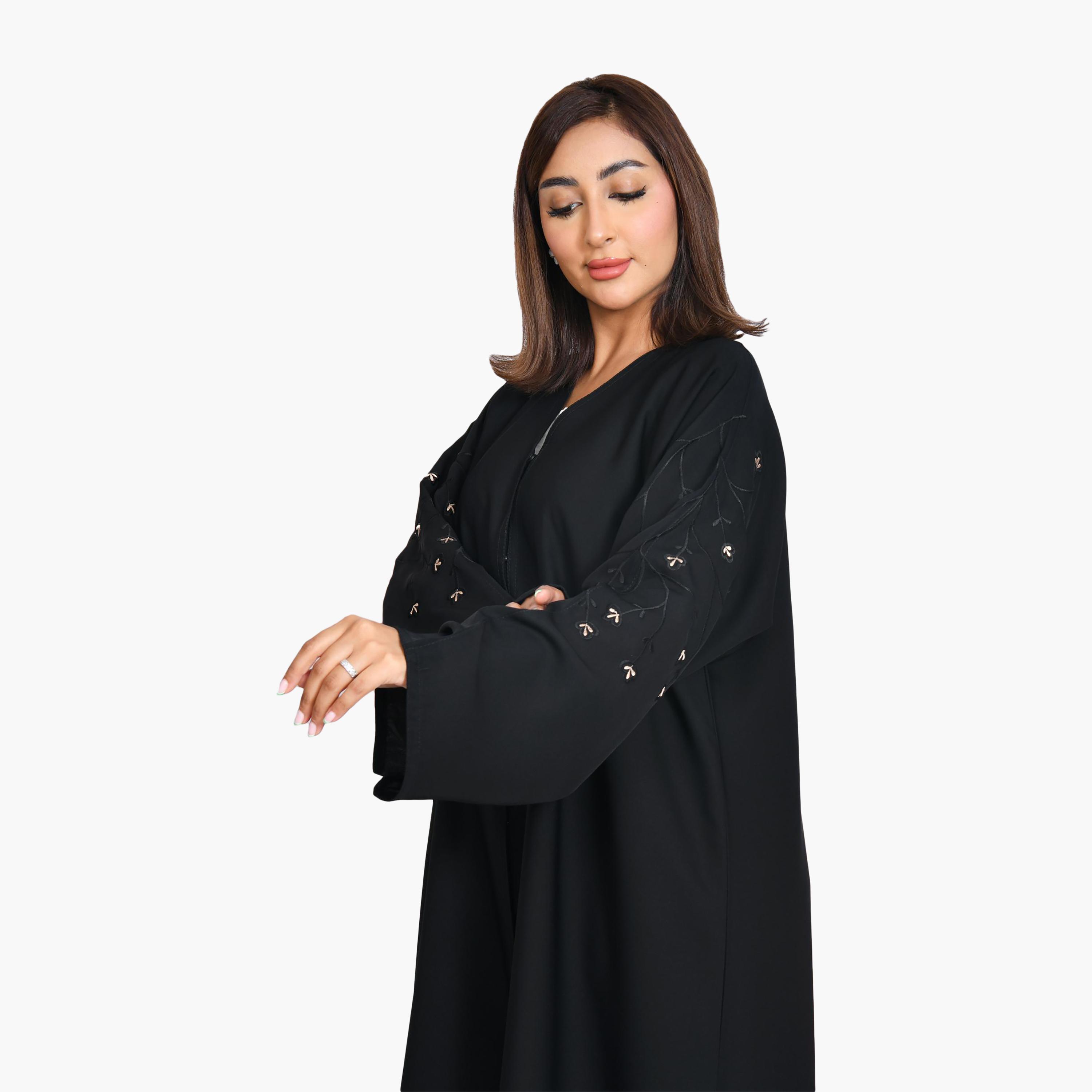 Beyond Abaya Black Embroidered Wide Sleeves Linen Women's Quarter-Cloche Abaya-women-arabicclothing-abayas-image-2
