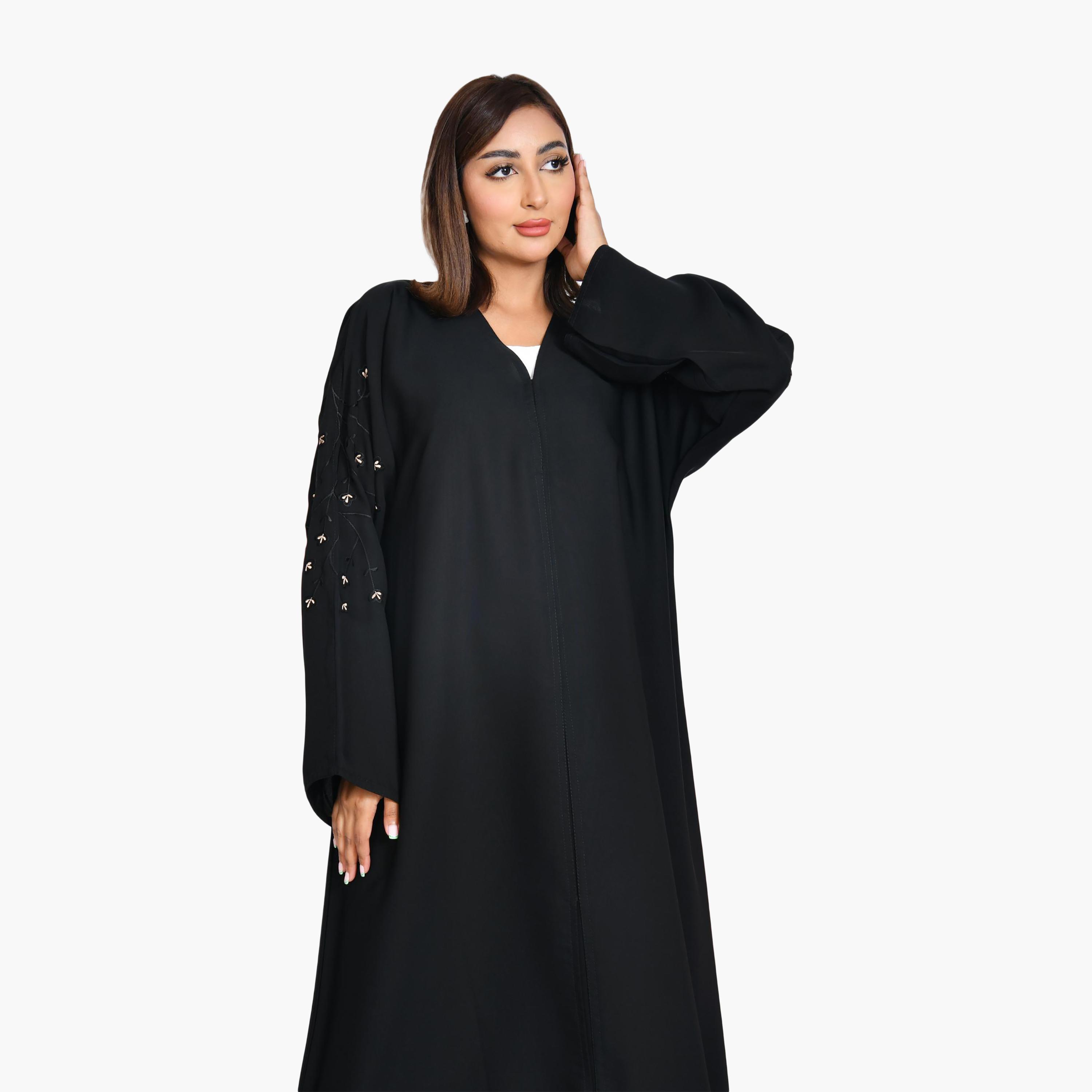 Beyond Abaya Black Embroidered Wide Sleeves Linen Women's Quarter-Cloche Abaya-women-arabicclothing-abayas-image-3