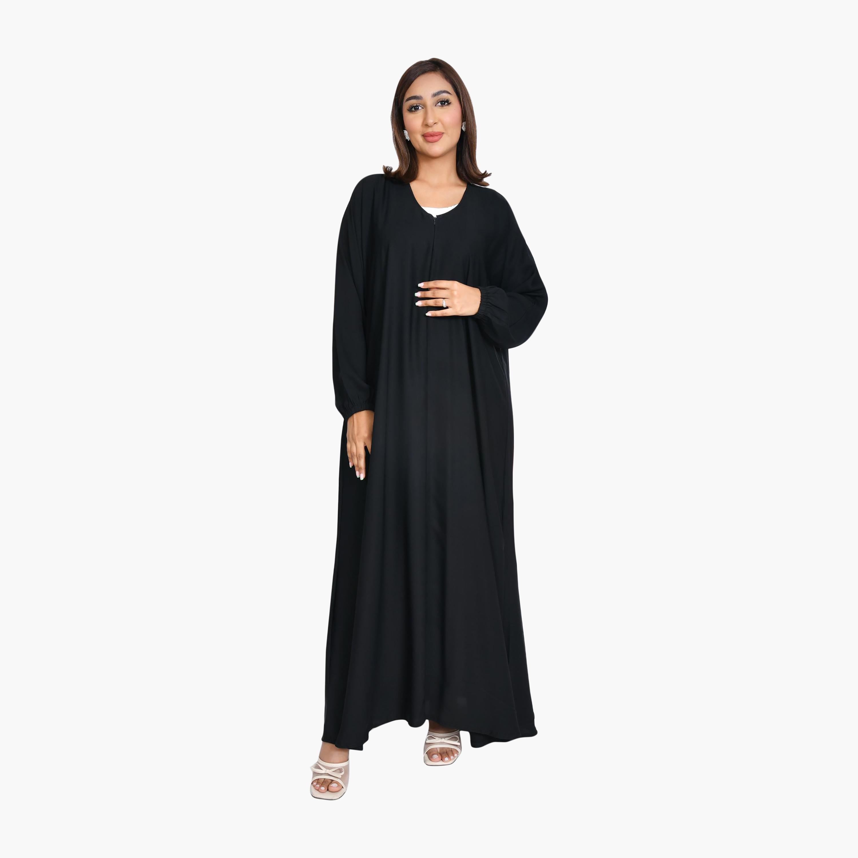 Beyond Abaya Black Elasticated Cuff Sleeves Linen Women's Quarter-Cloche Abaya-women-arabicclothing-abayas-image-1