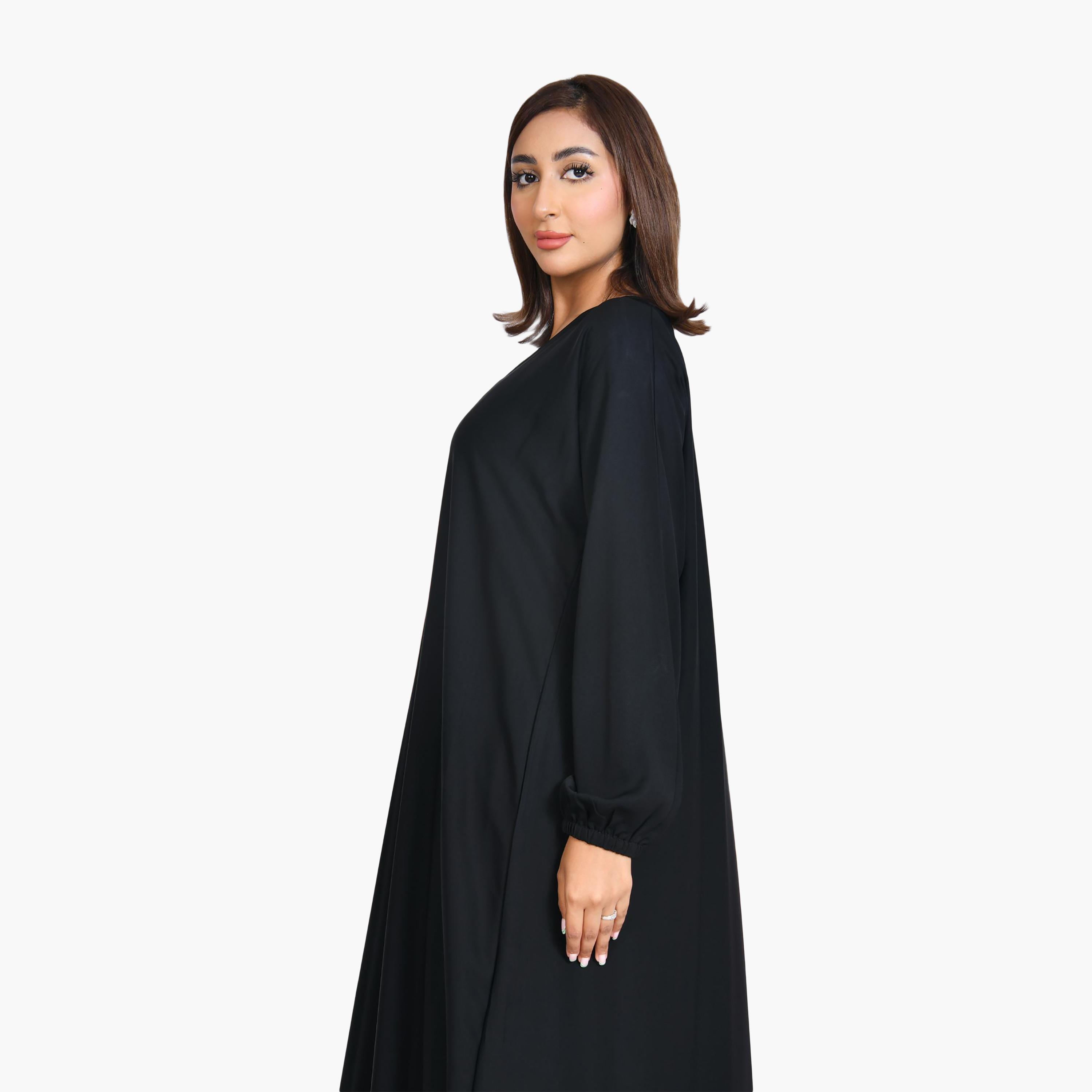 Beyond Abaya Black Elasticated Cuff Sleeves Linen Women's Quarter-Cloche Abaya-women-arabicclothing-abayas-image-2