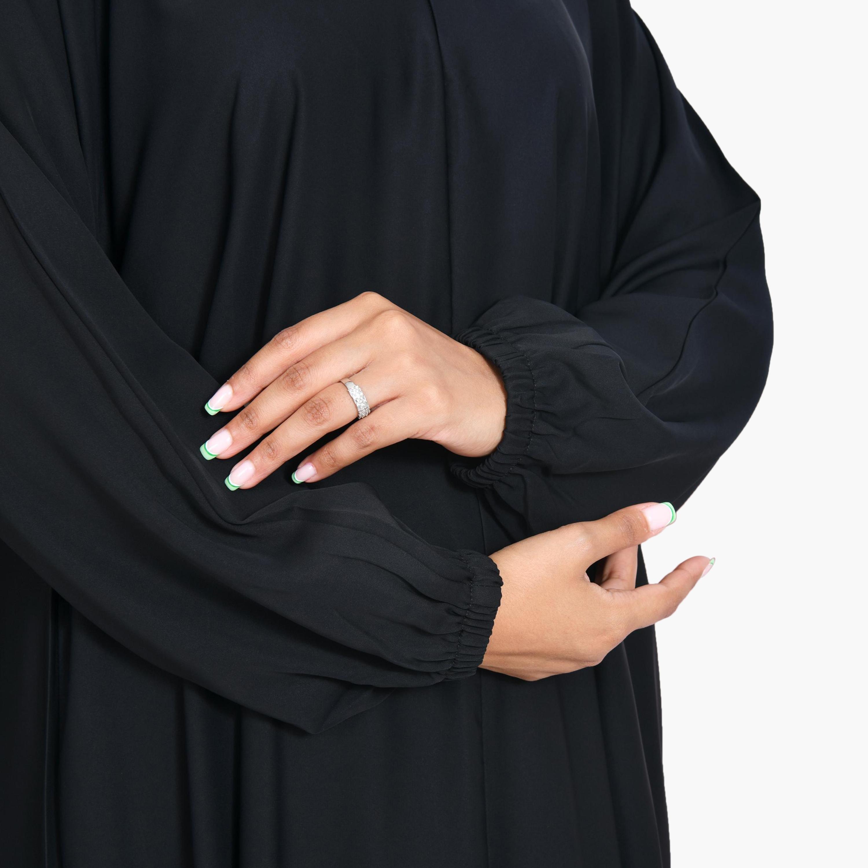Beyond Abaya Black Elasticated Cuff Sleeves Linen Women's Quarter-Cloche Abaya-women-arabicclothing-abayas-image-4