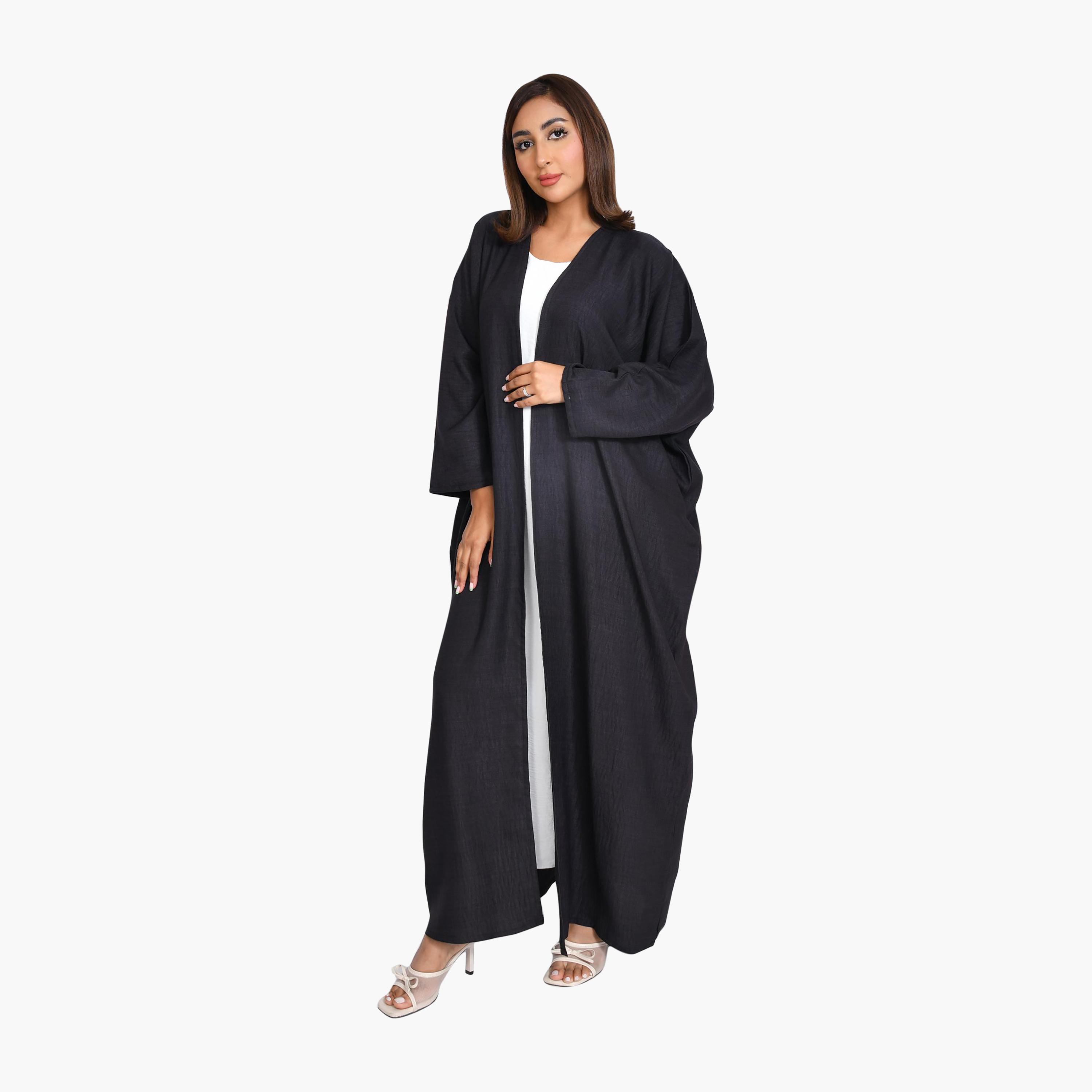 Beyond Abaya Purple Textured Linen Women's Quarter-Cloche Bisht Abaya with Hijab-women-arabicclothing-abayas-image-1