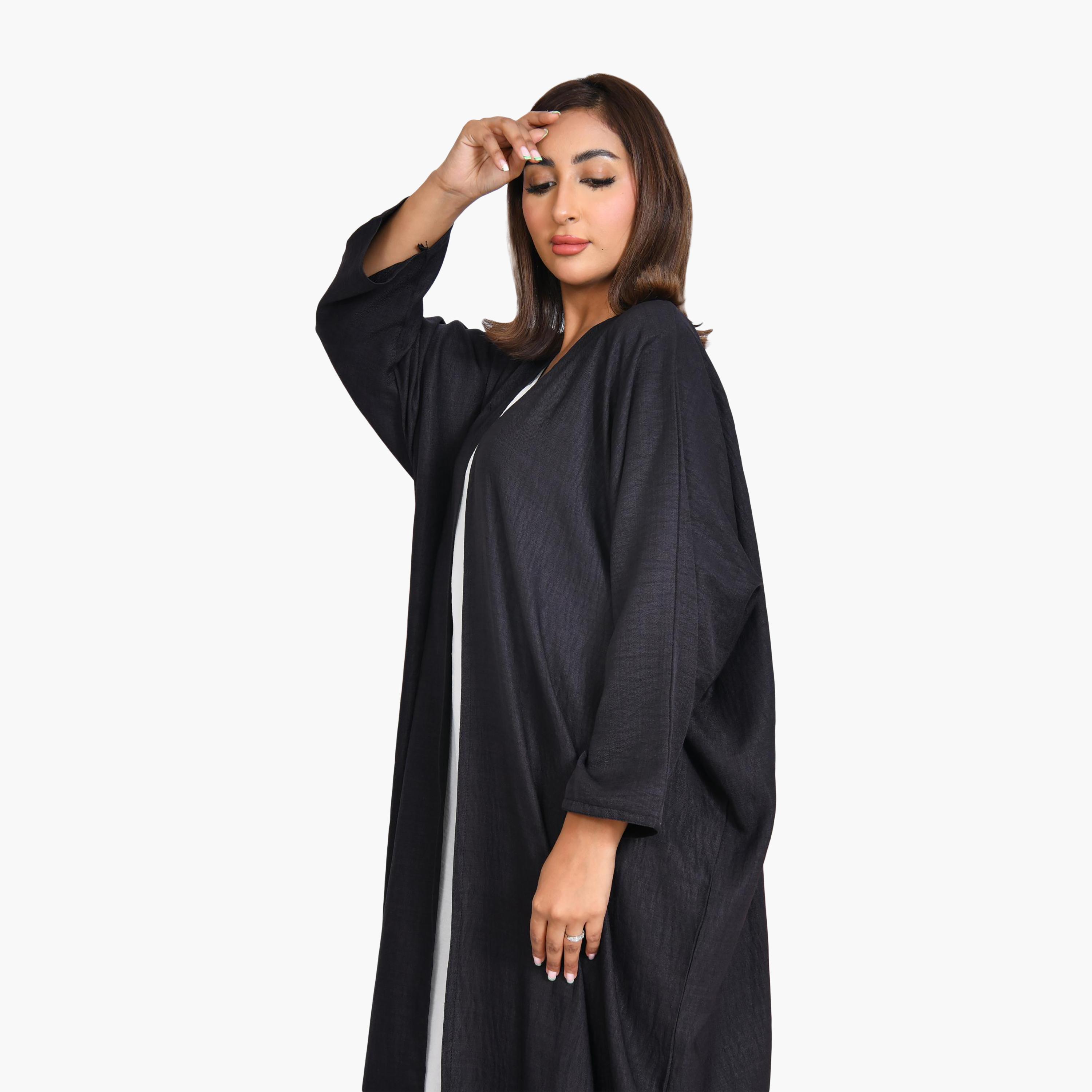 Beyond Abaya Purple Textured Linen Women's Quarter-Cloche Bisht Abaya with Hijab-women-arabicclothing-abayas-image-2
