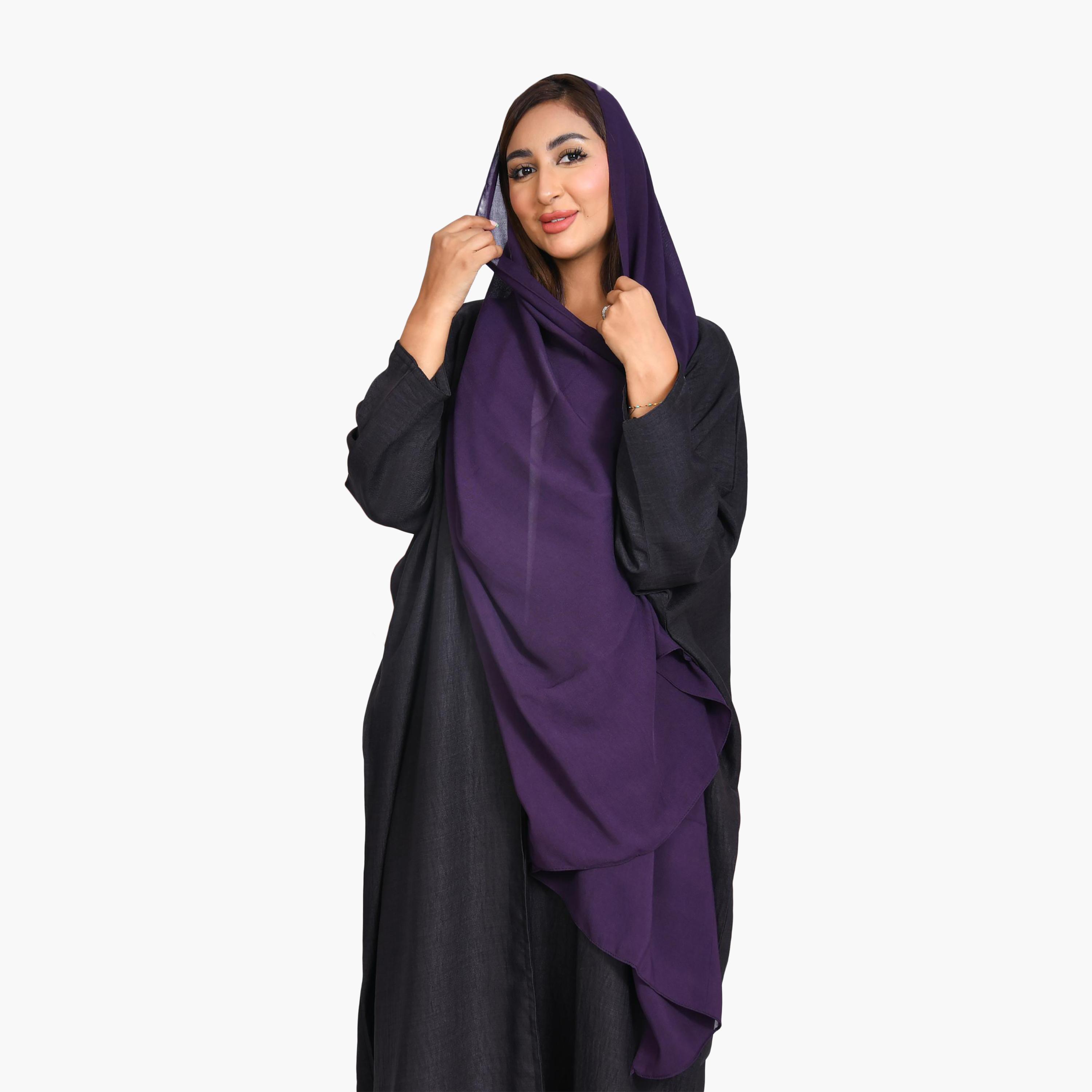 Beyond Abaya Purple Textured Linen Women's Quarter-Cloche Bisht Abaya with Hijab-women-arabicclothing-abayas-image-3