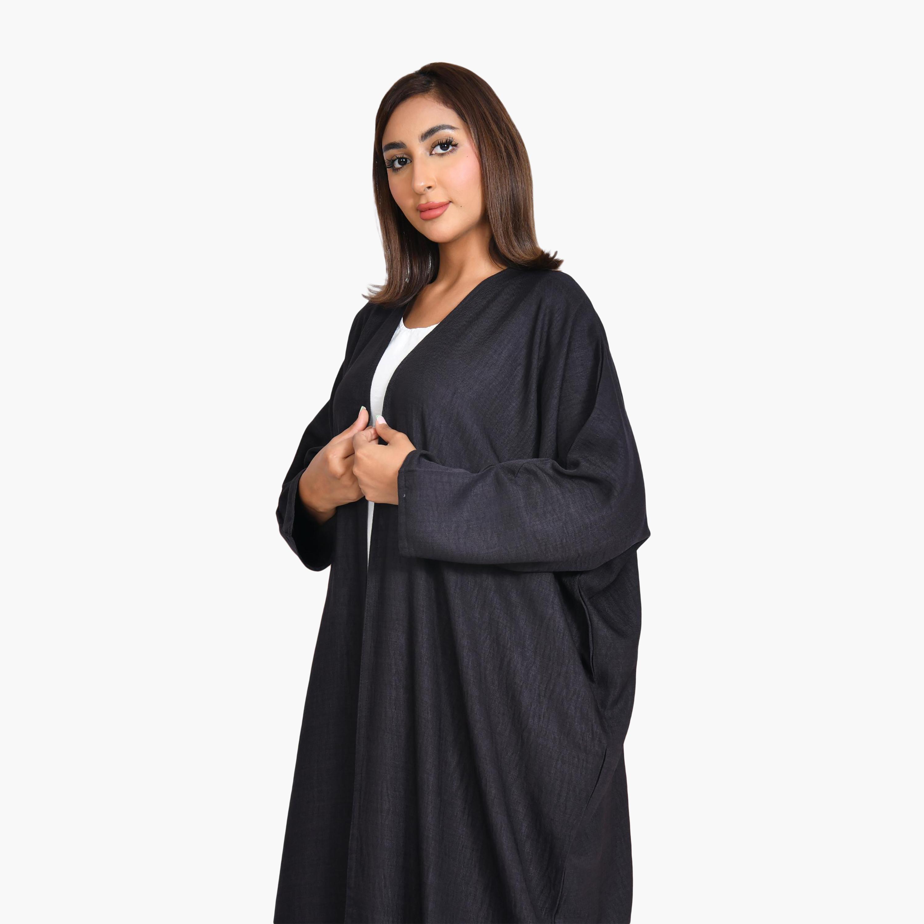 Beyond Abaya Purple Textured Linen Women's Quarter-Cloche Bisht Abaya with Hijab-women-arabicclothing-abayas-image-4