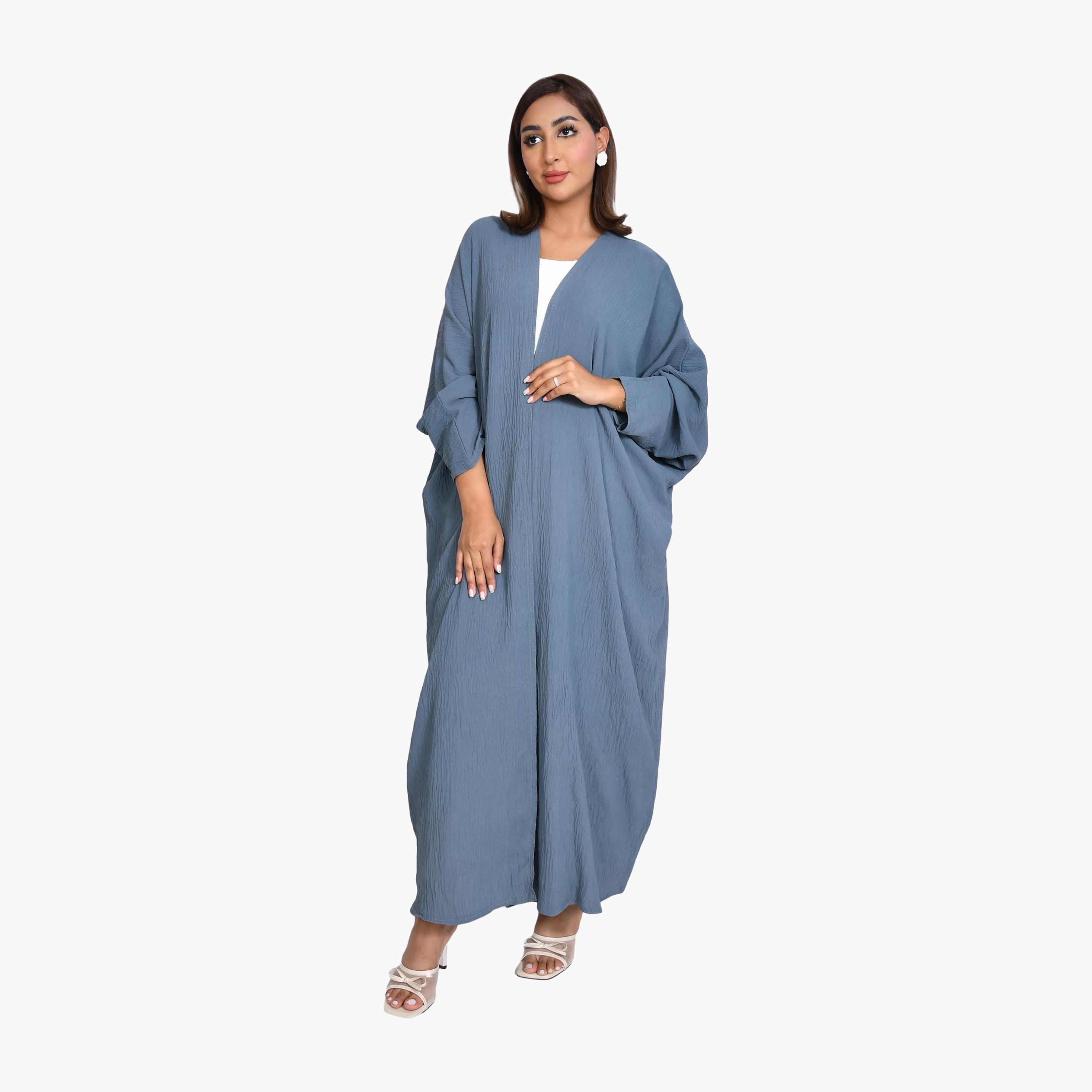 عباية كتان زرقاء منقوشة للنساء نصف كلوش من بيوند عباية-women-arabicclothing-abayas-image-1