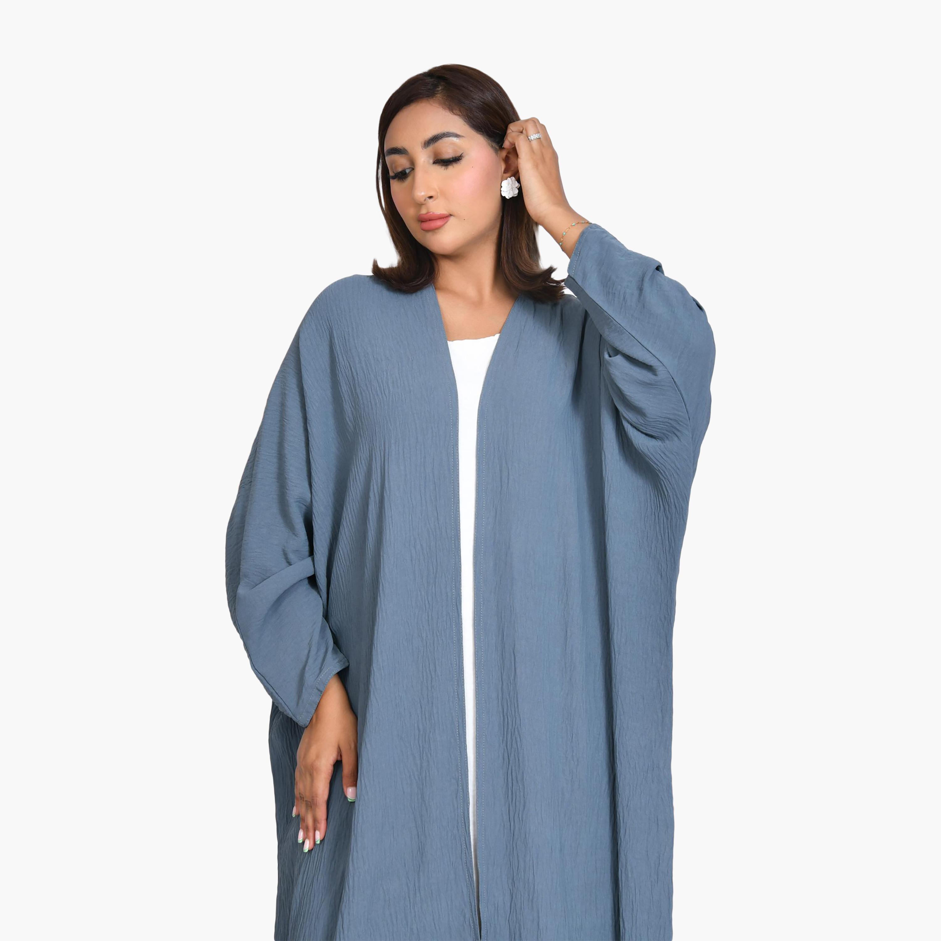 عباية كتان زرقاء منقوشة للنساء نصف كلوش من بيوند عباية-women-arabicclothing-abayas-image-2