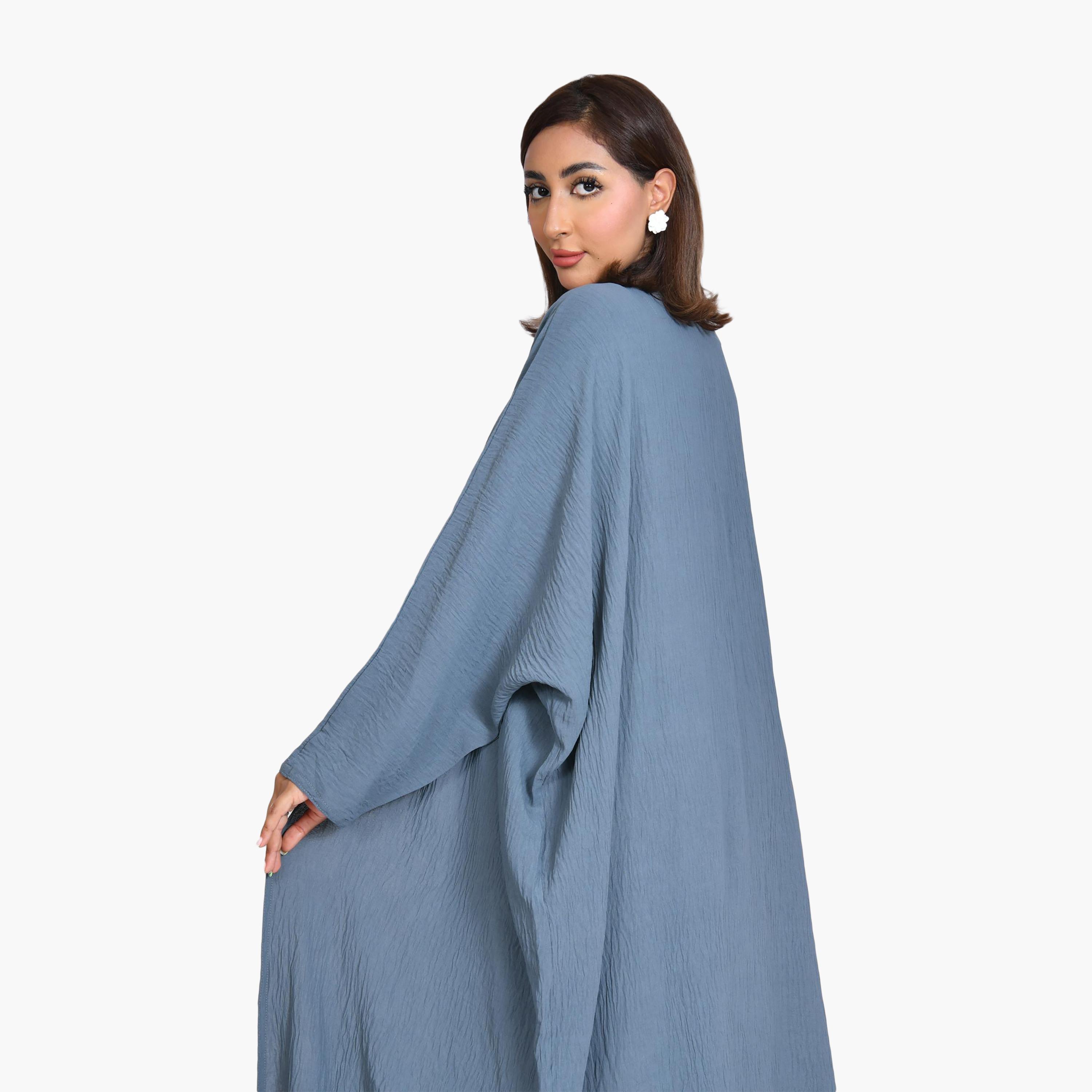 عباية كتان زرقاء منقوشة للنساء نصف كلوش من بيوند عباية-women-arabicclothing-abayas-image-3