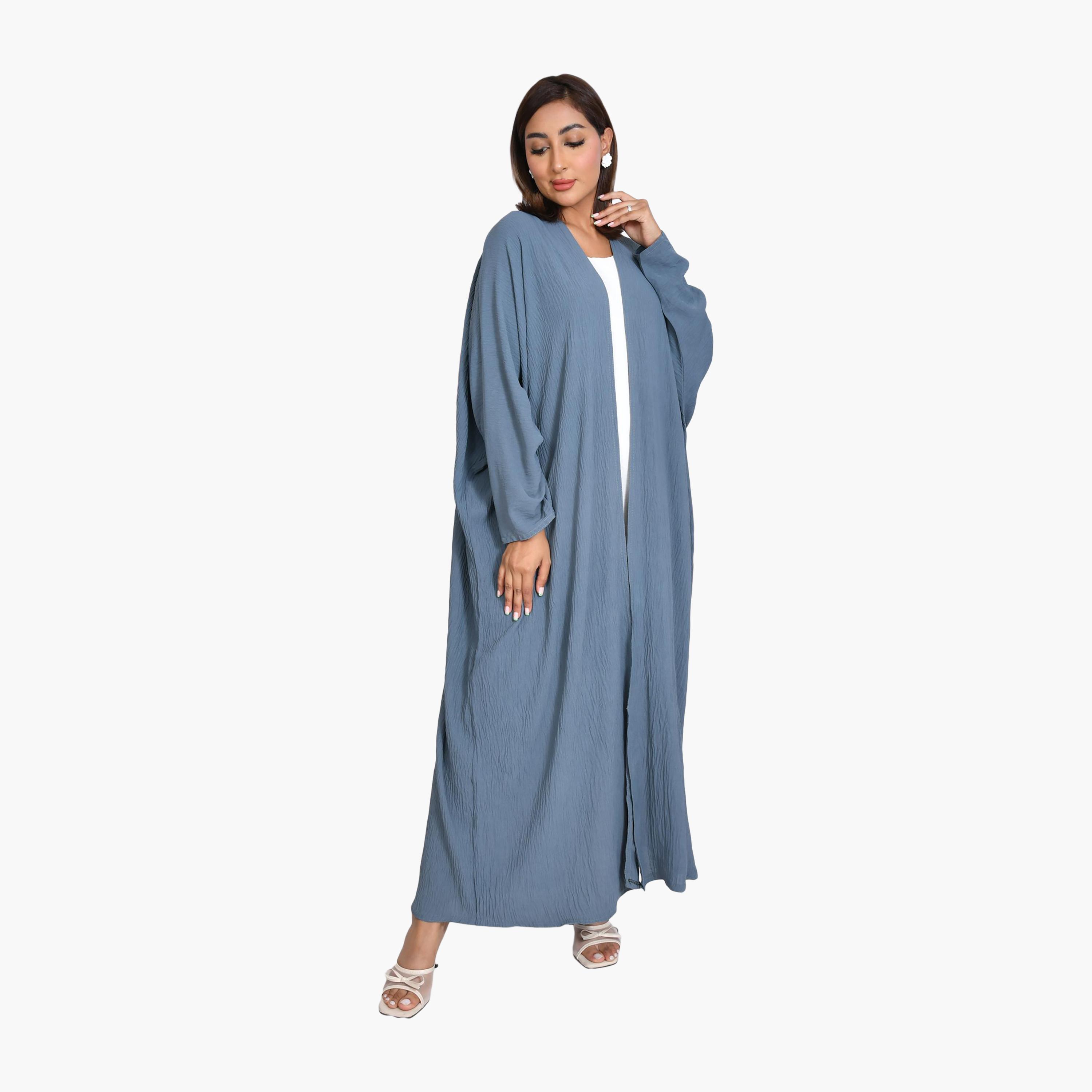 عباية كتان زرقاء منقوشة للنساء نصف كلوش من بيوند عباية-women-arabicclothing-abayas-image-4