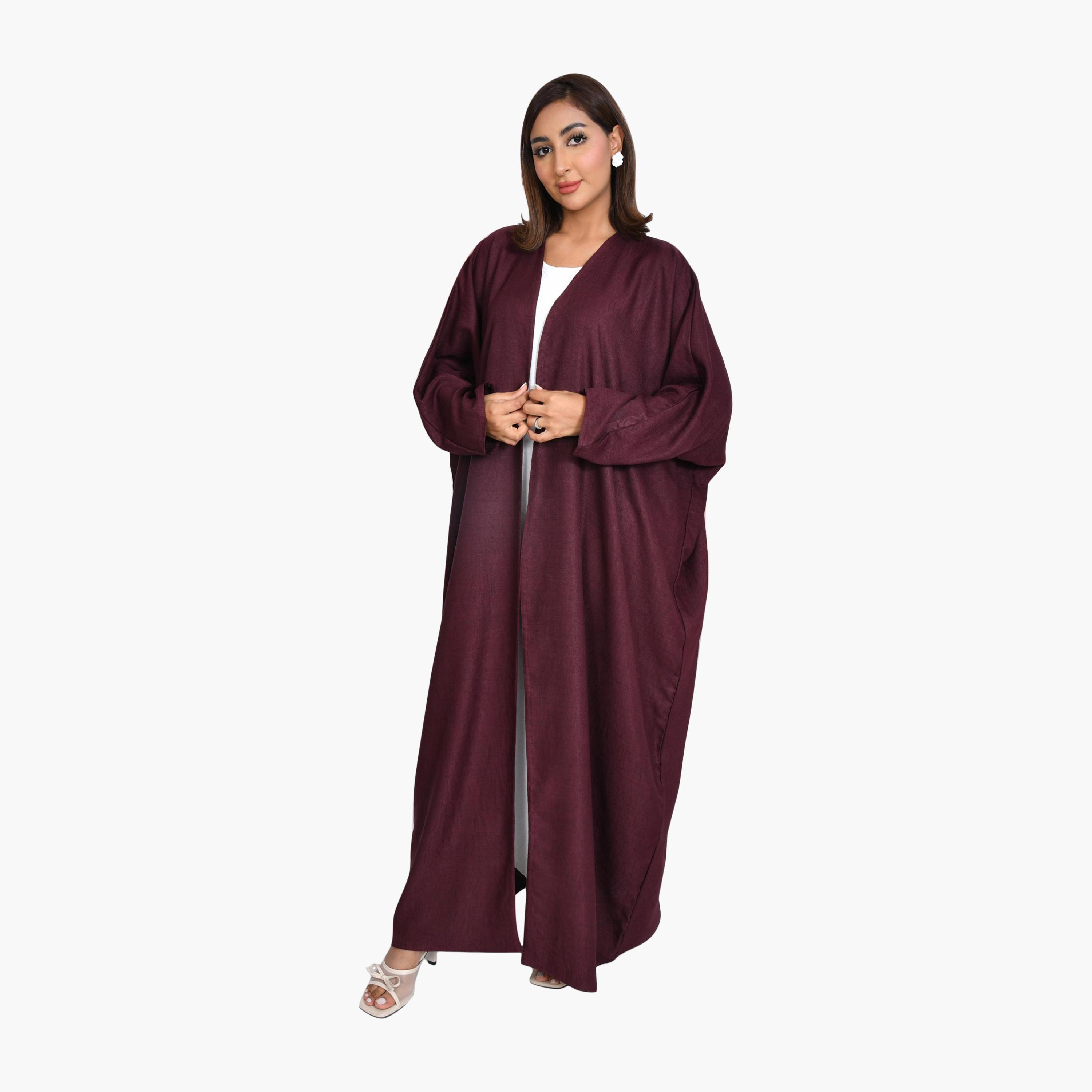 عباية كتان عنابي عباية نسائية بشت ربع كلوش من بيوند عباية-women-arabicclothing-abayas-image-1