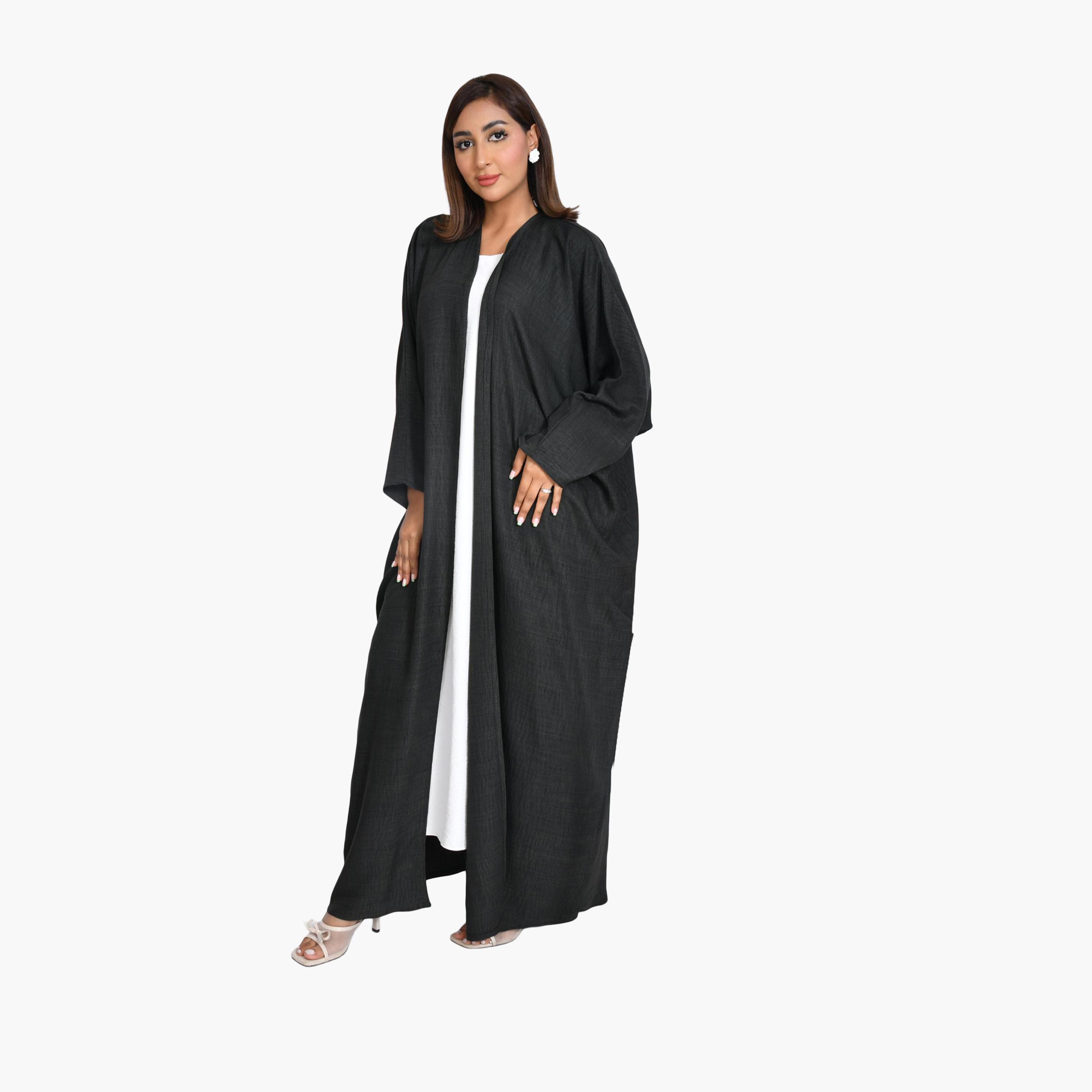 عباية سوداء من الكتان المزخرف للنساء نصف كلوش من بيوند عباية-women-arabicclothing-abayas-image-1