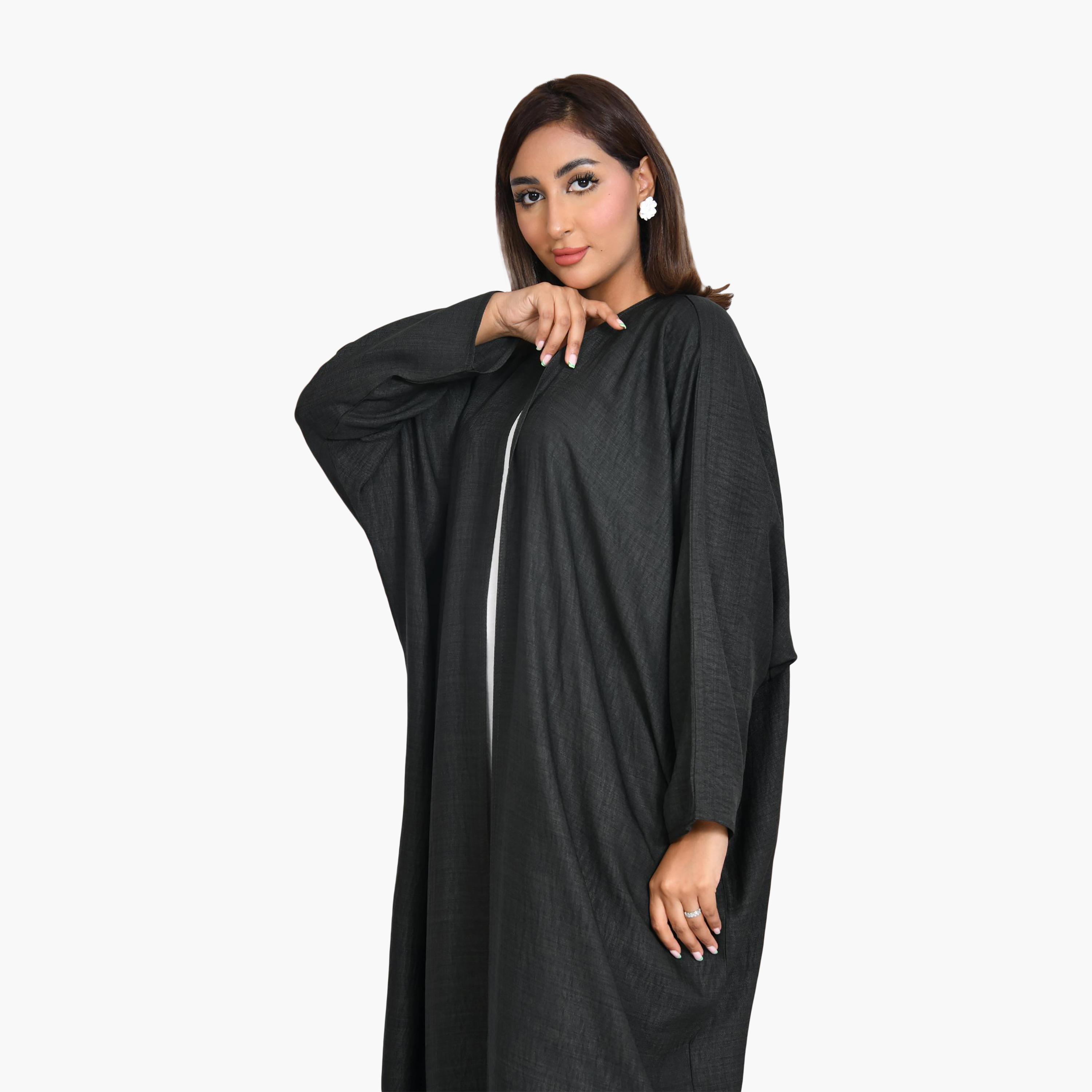 عباية سوداء من الكتان المزخرف للنساء نصف كلوش من بيوند عباية-women-arabicclothing-abayas-image-2