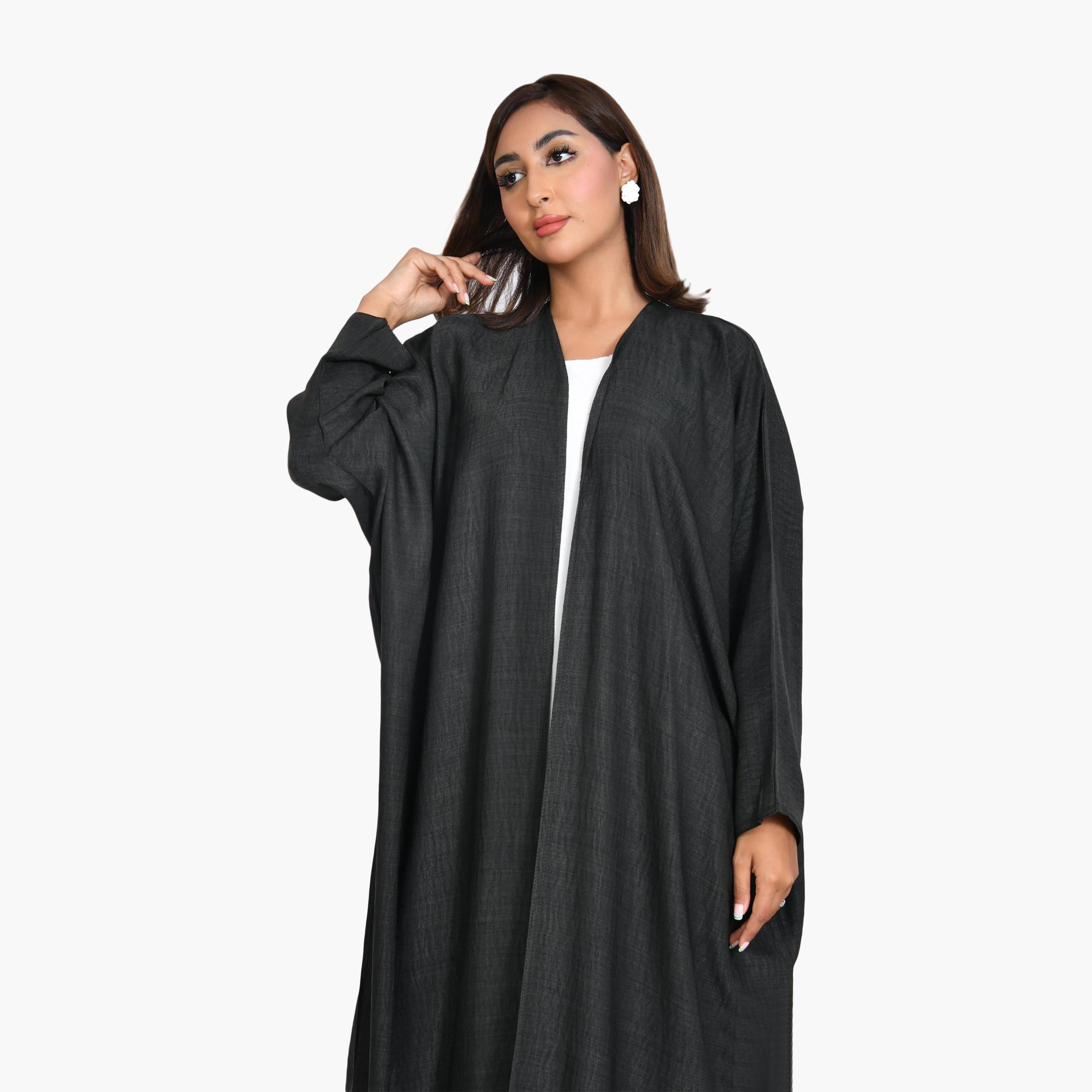 عباية سوداء من الكتان المزخرف للنساء نصف كلوش من بيوند عباية-women-arabicclothing-abayas-image-3