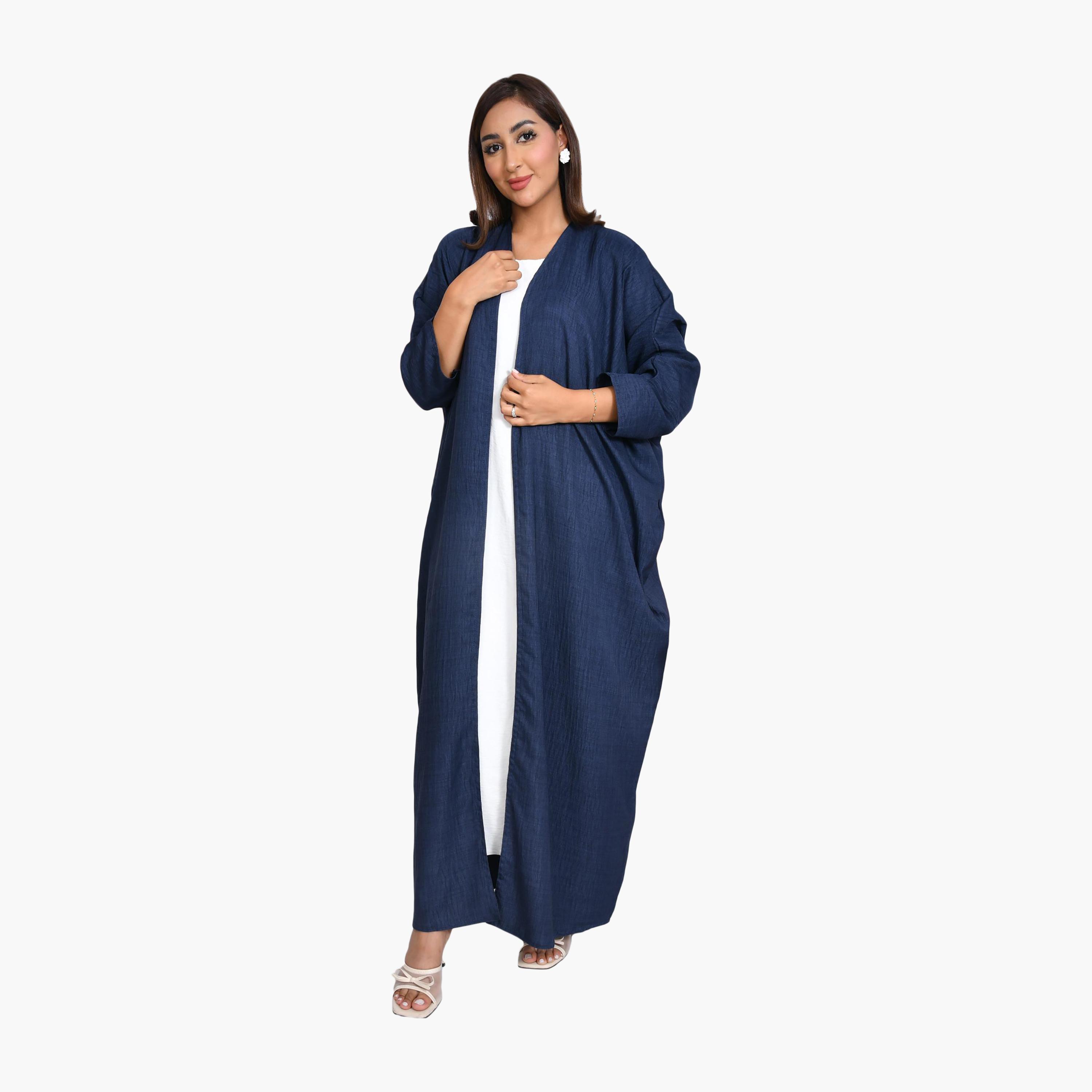 عباية كحلي من الكتان المزخرف للنساء نصف كلوش من بيوند عباية-women-arabicclothing-abayas-image-1