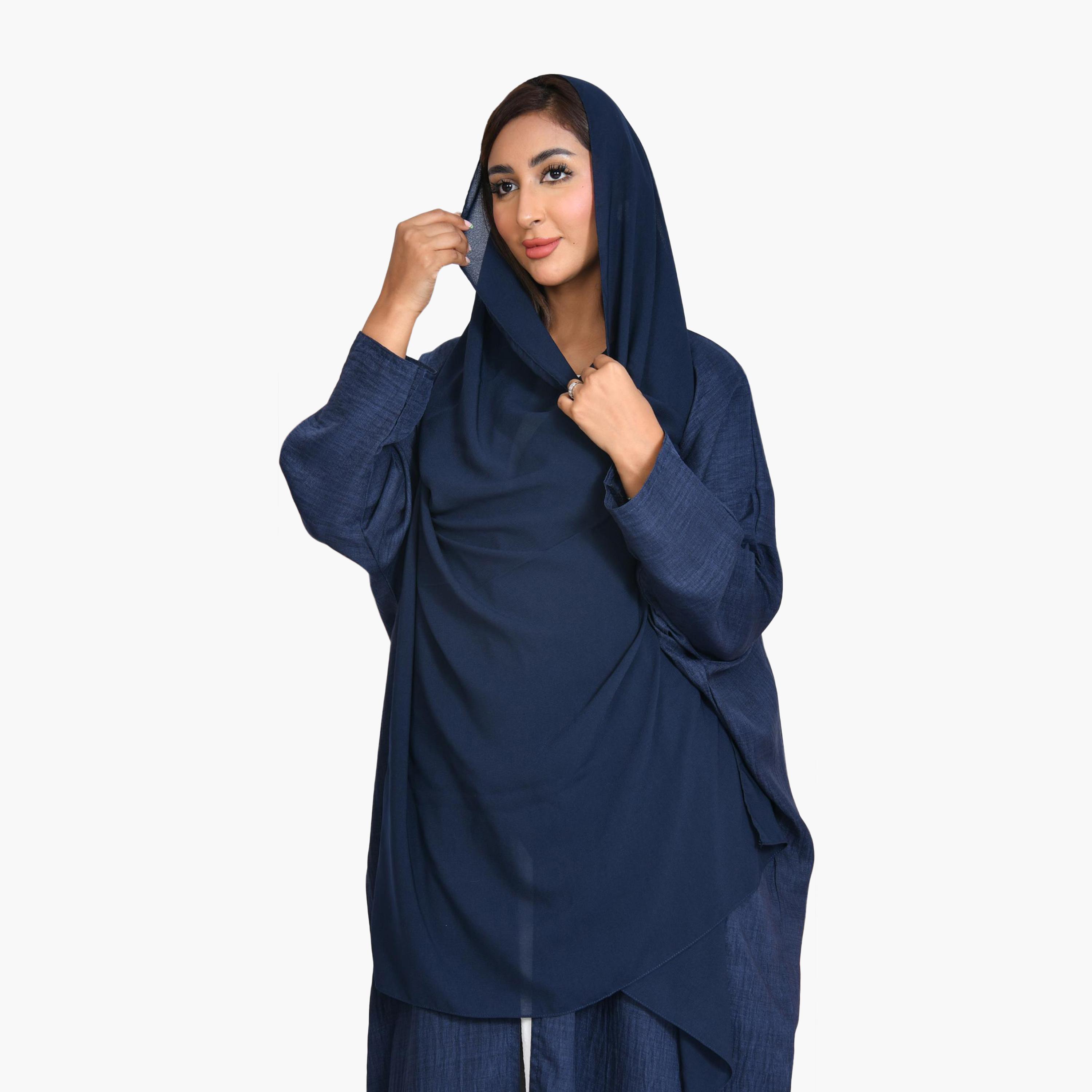 عباية كحلي من الكتان المزخرف للنساء نصف كلوش من بيوند عباية-women-arabicclothing-abayas-image-2
