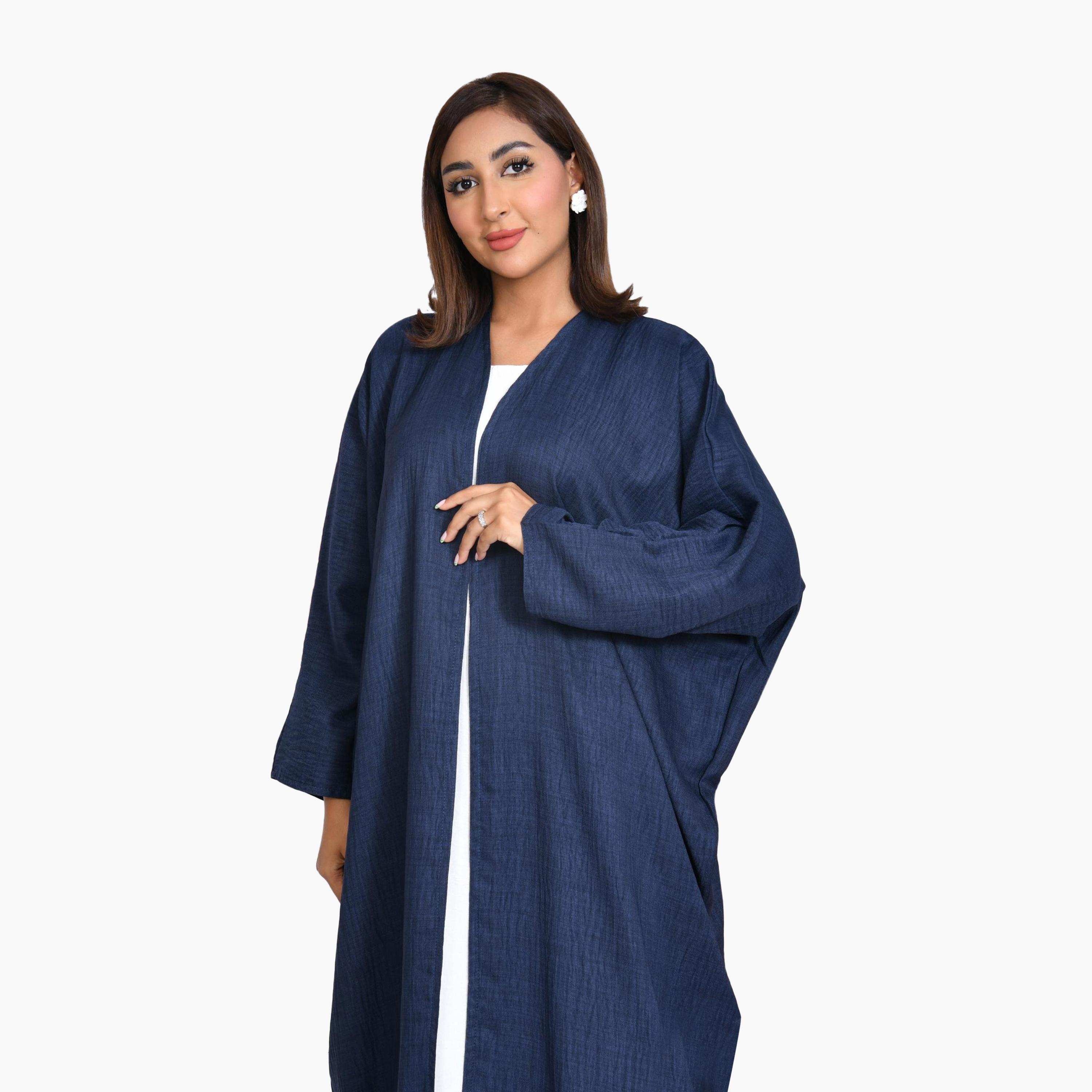 عباية كحلي من الكتان المزخرف للنساء نصف كلوش من بيوند عباية-women-arabicclothing-abayas-image-3