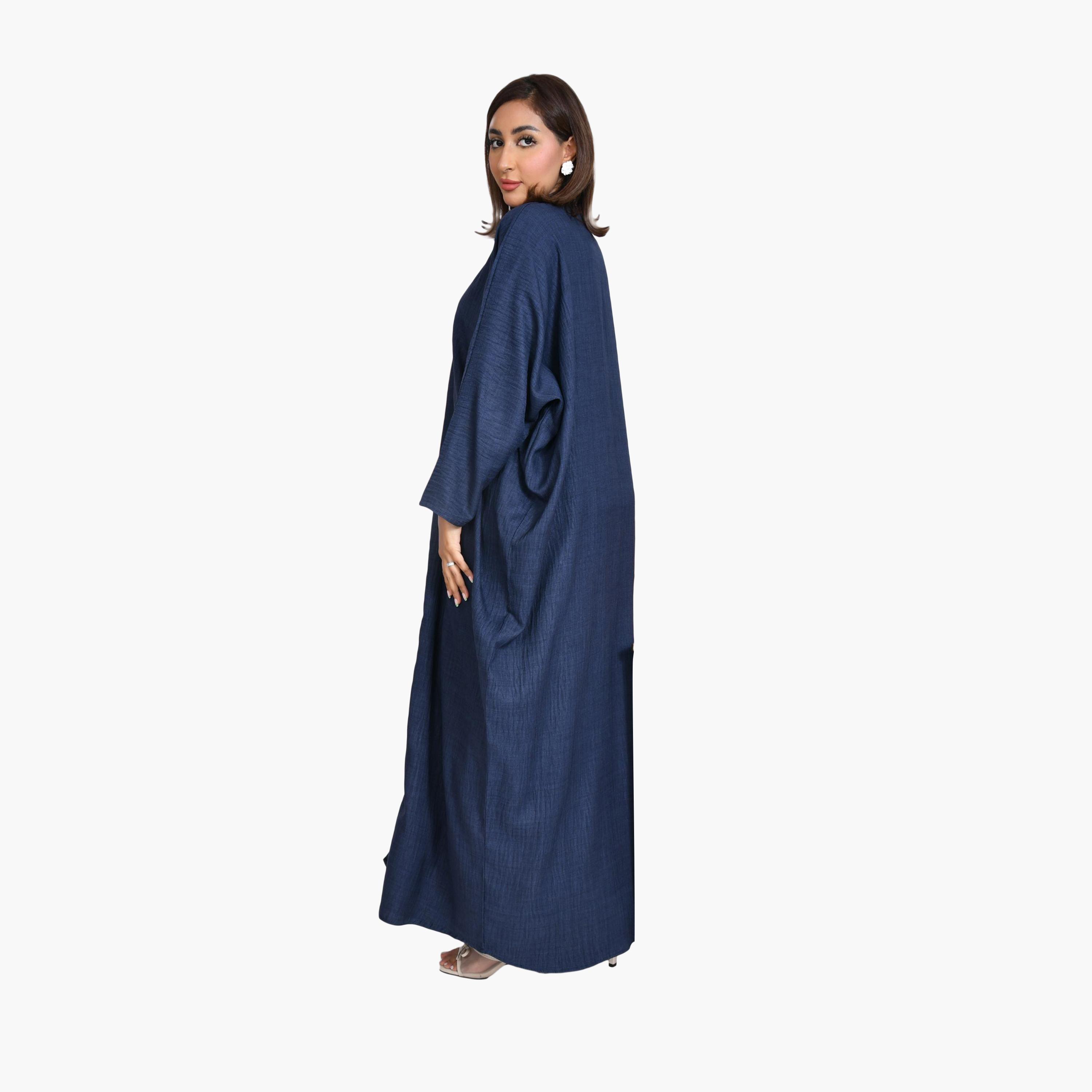 عباية كحلي من الكتان المزخرف للنساء نصف كلوش من بيوند عباية-women-arabicclothing-abayas-image-4