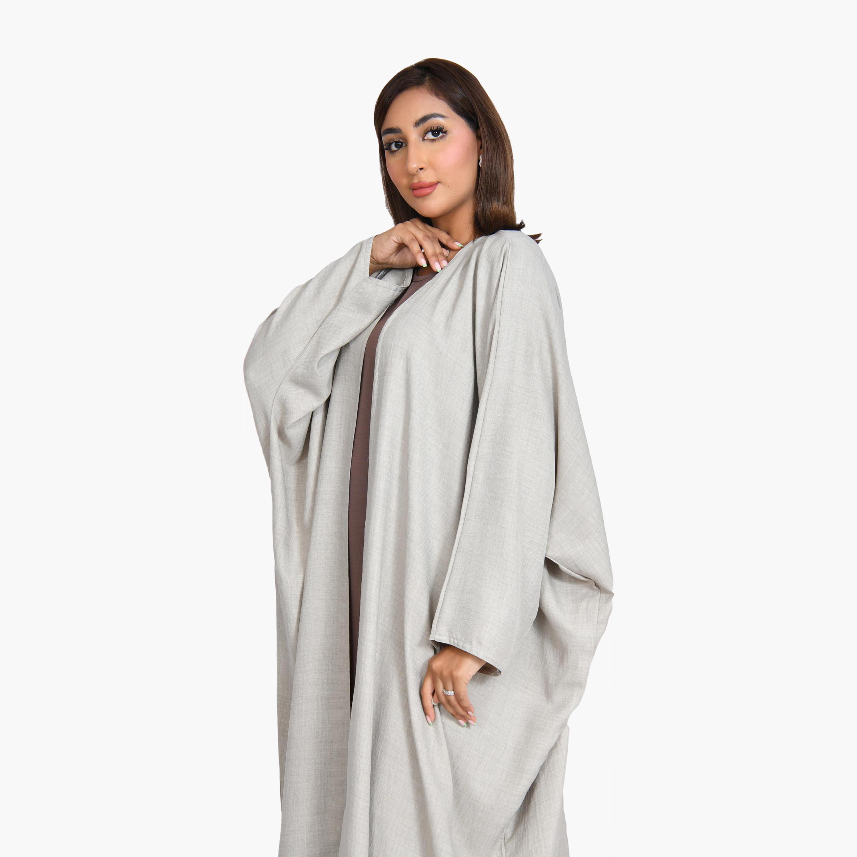 عباية كتان رمادي عباية نسائية بشت ربع كلوش من بيوند عباية-women-arabicclothing-abayas-image-3