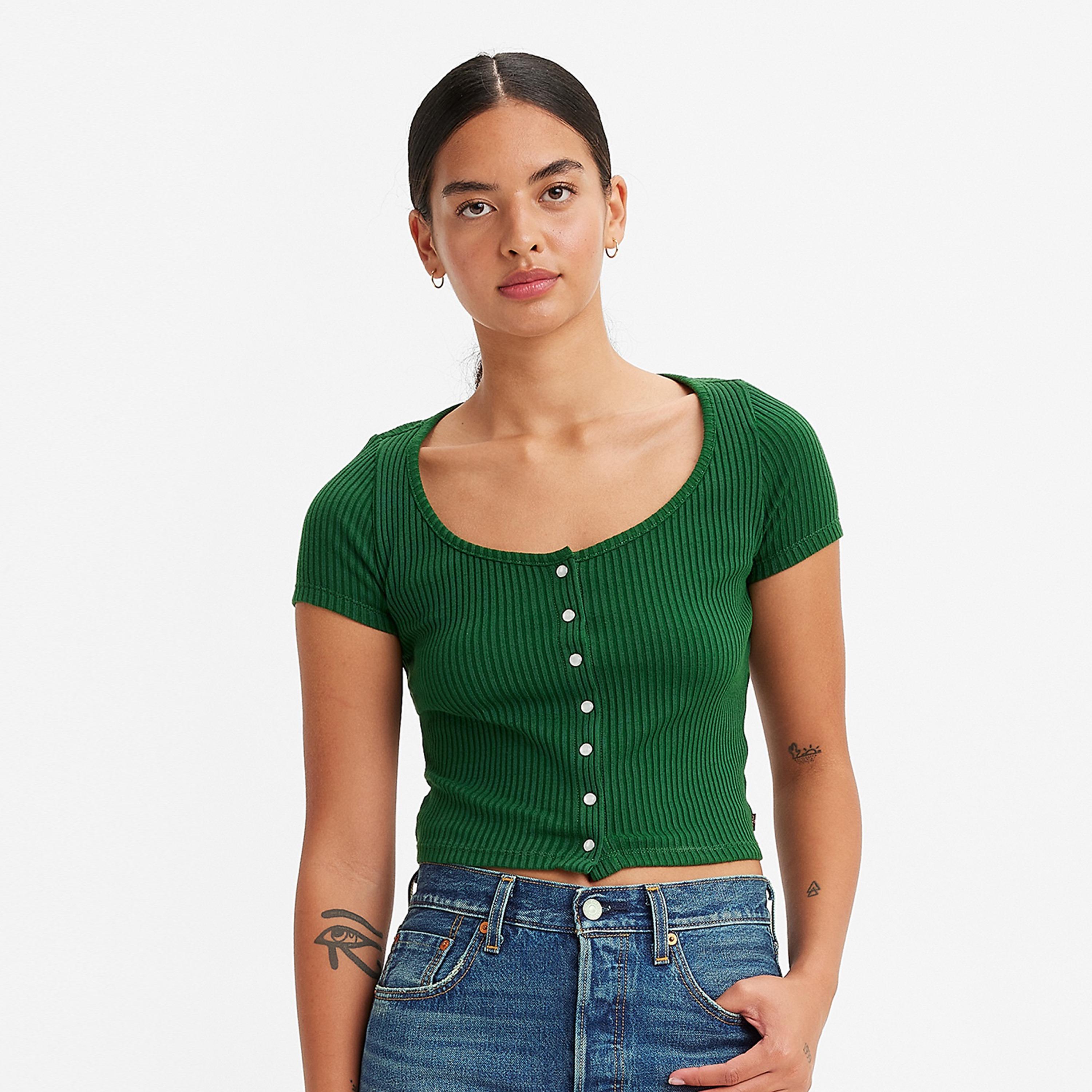 Levi's Ribbed Round Neck Short Sleeves Crop Top with Button Closure-women-clothing-shirtsandblouses-blouses-image-1