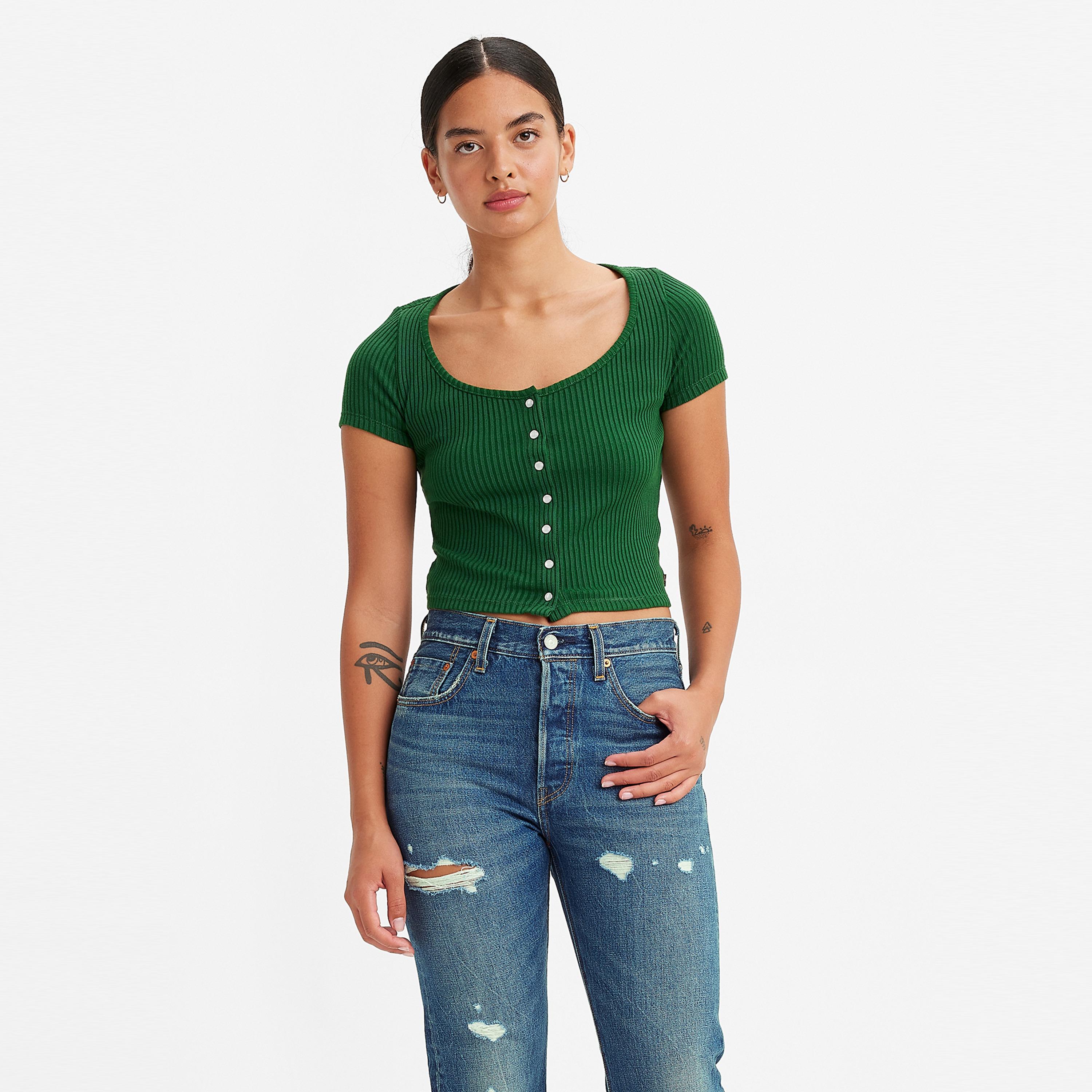 Levi's Ribbed Round Neck Short Sleeves Crop Top with Button Closure-women-clothing-shirtsandblouses-blouses-image-2