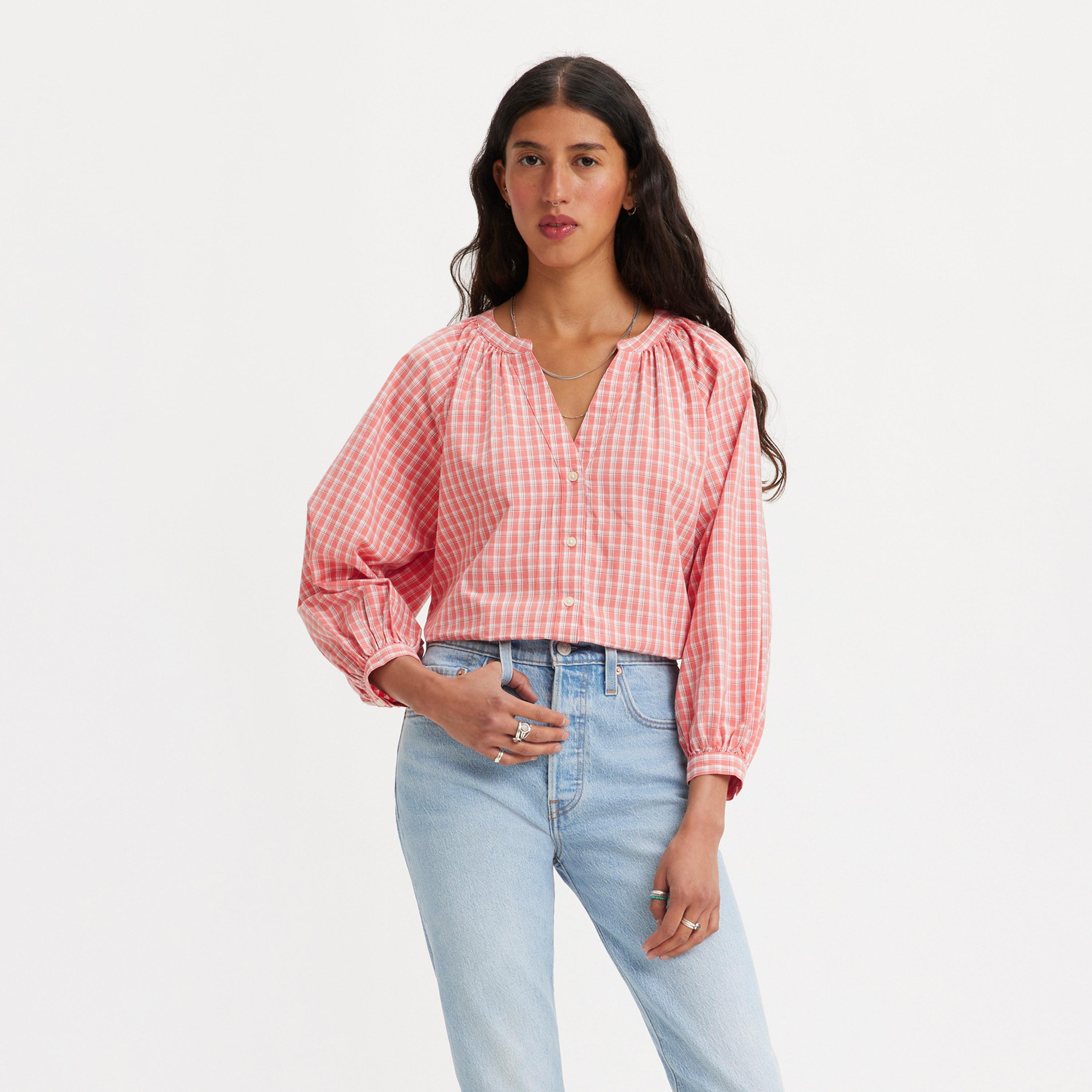 بلوزة ليفايز مربعات بياقة ماندرين وأكمام ثلاثة أرباع وزر للإغلاق-women-clothing-shirtsandblouses-blouses-image-1
