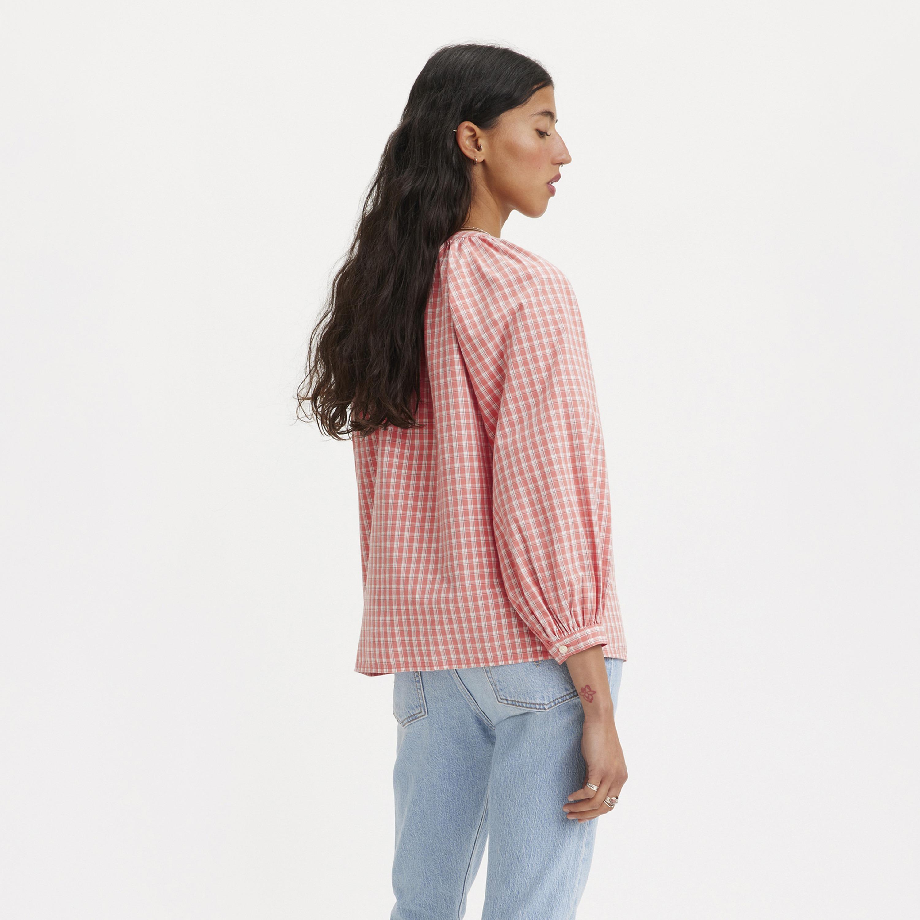 بلوزة ليفايز مربعات بياقة ماندرين وأكمام ثلاثة أرباع وزر للإغلاق-women-clothing-shirtsandblouses-blouses-image-2