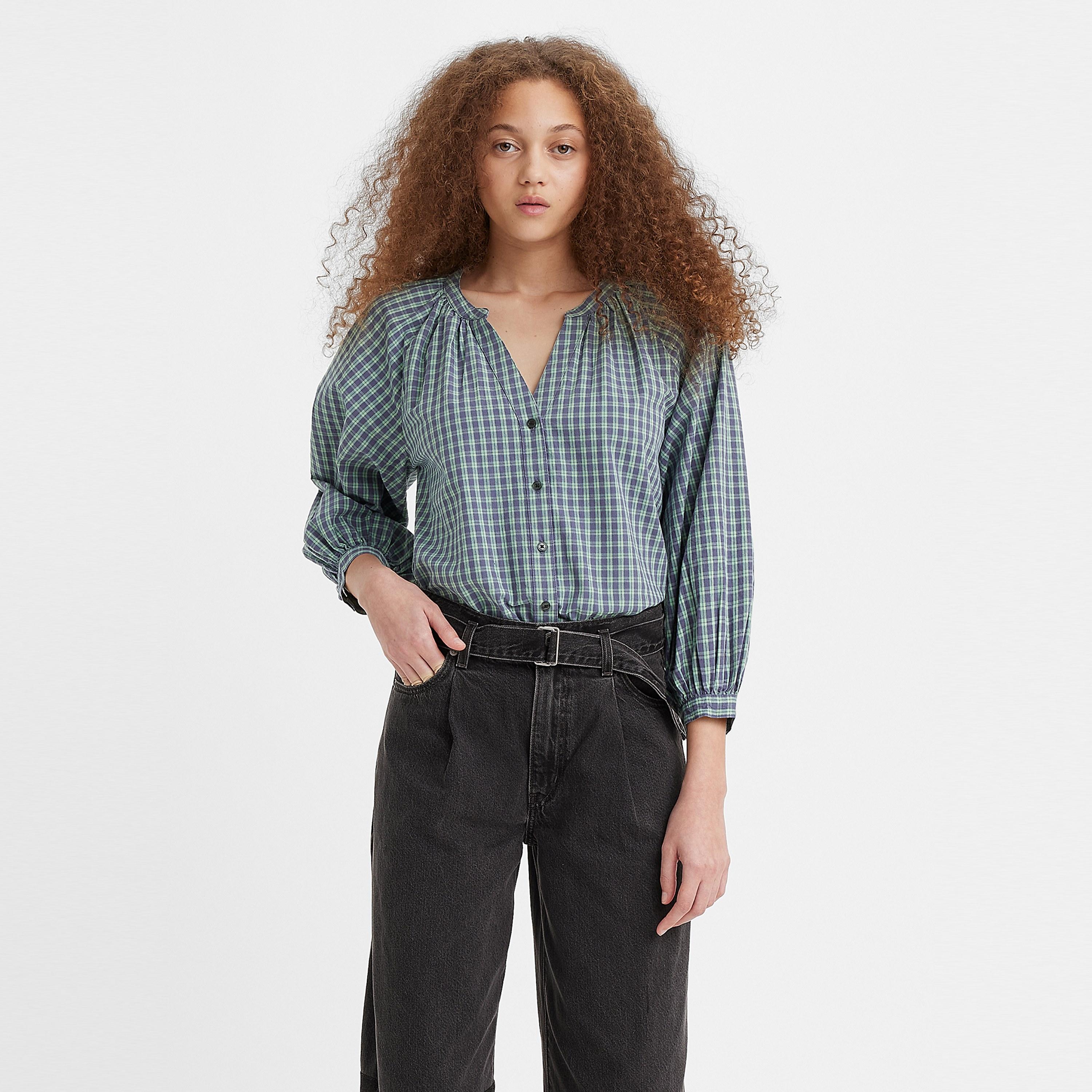 بلوزة ليفايز مربعات بياقة ماندرين وأكمام ثلاثة أرباع وزر للإغلاق-women-clothing-shirtsandblouses-blouses-image-1