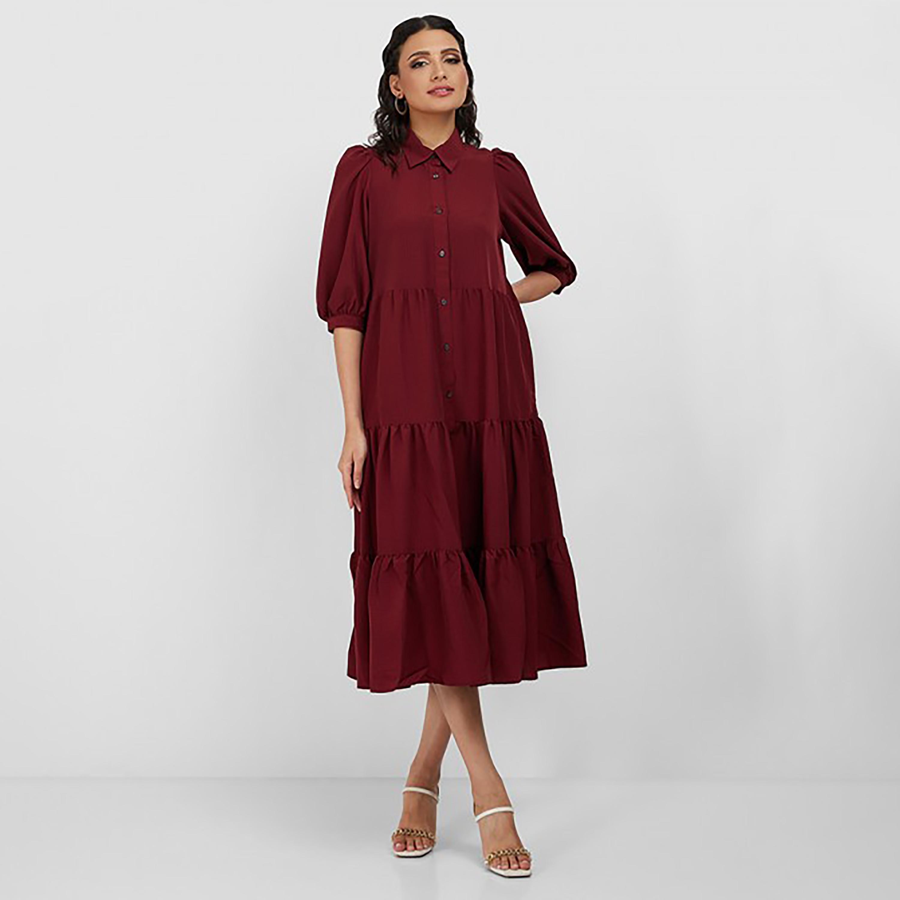 فستان ميدي ذو قميص بطبقات وياقة سادة من ليفايز-women-clothing-dresses-image-1