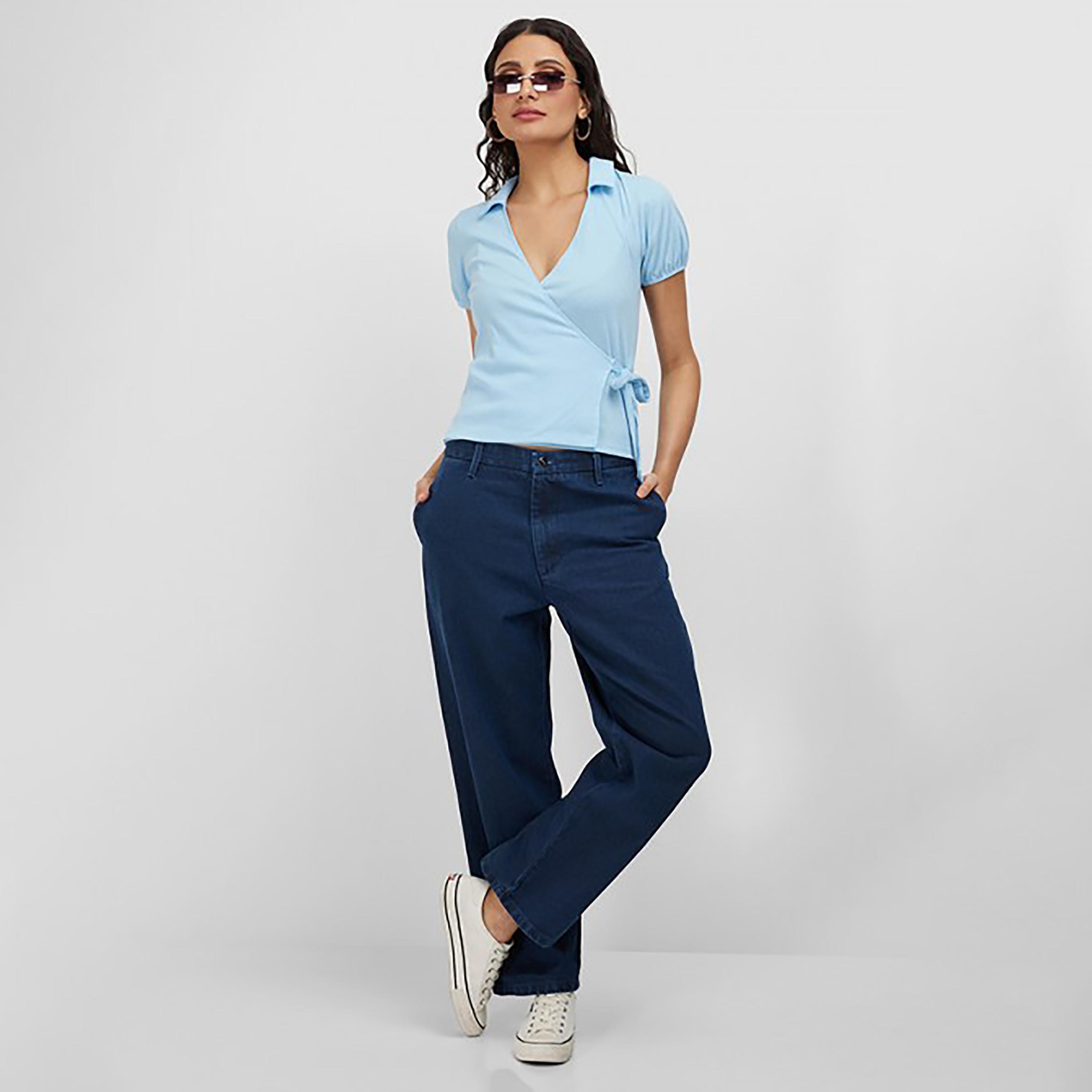 Levi's Plain Collared Short Sleeves Wrap Top-women-clothing-shirtsandblouses-blouses-image-2