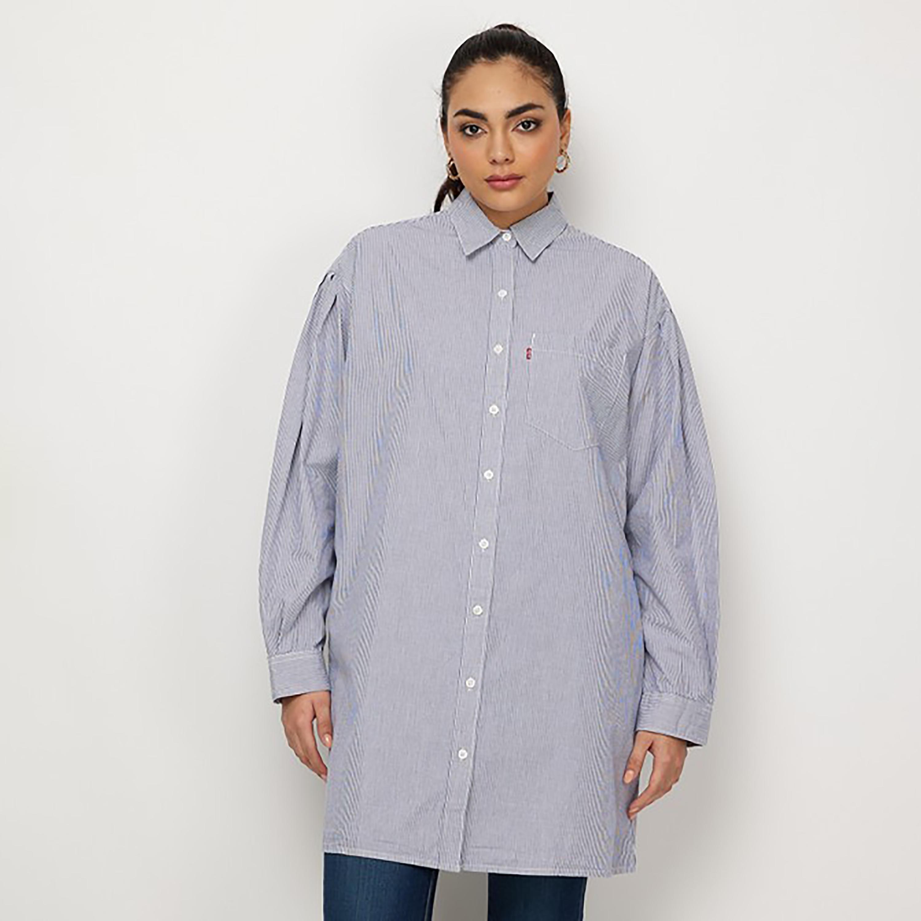 فستان قميص ذو قصير بياقة مع مخطط سادة من ليفايز-women-clothing-dresses-image-2