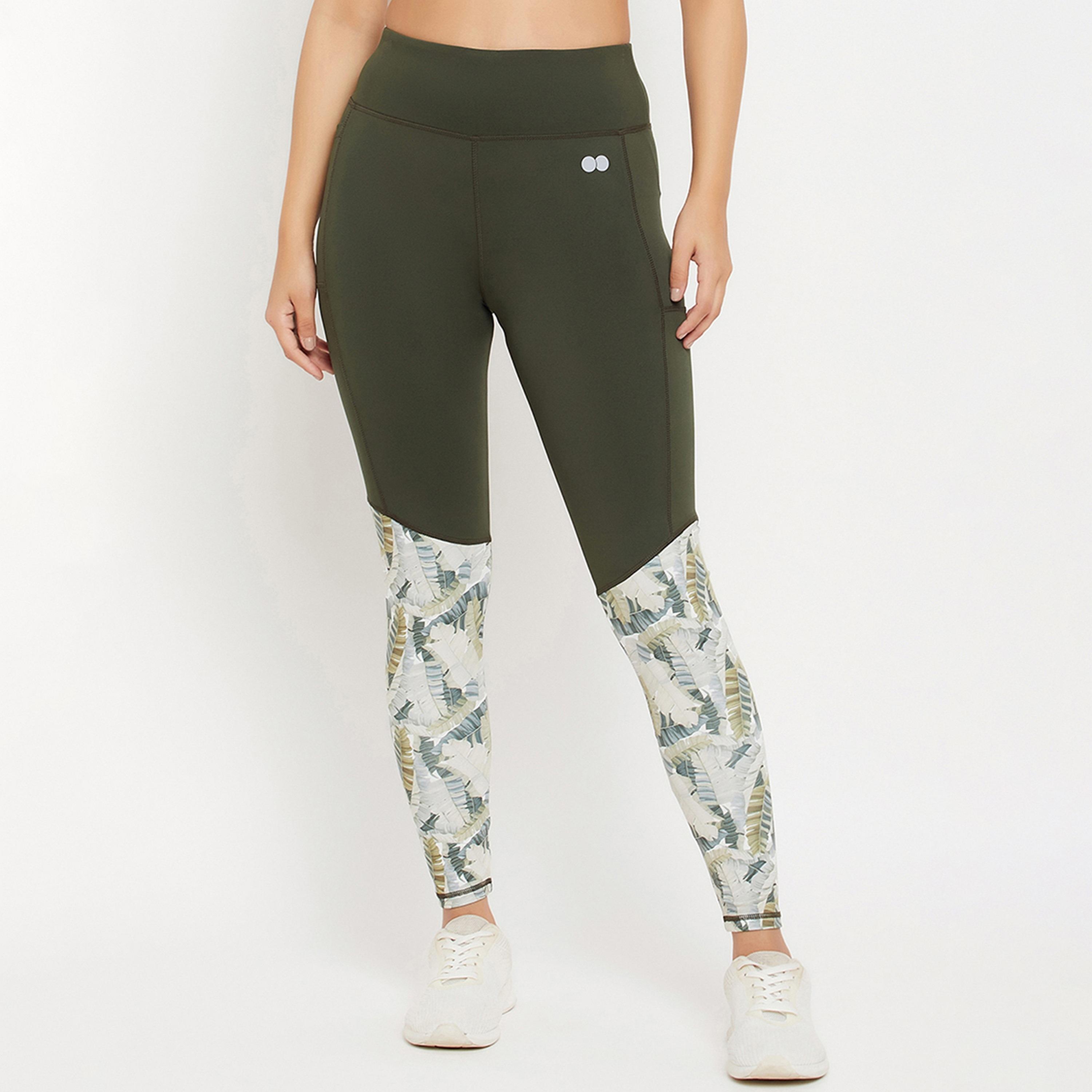Clovia High Rise Women's Active Tights in Olive Green with Side Pocket & Printed Panels-women-clothing-sportswearandactivewear-bottoms-image-1