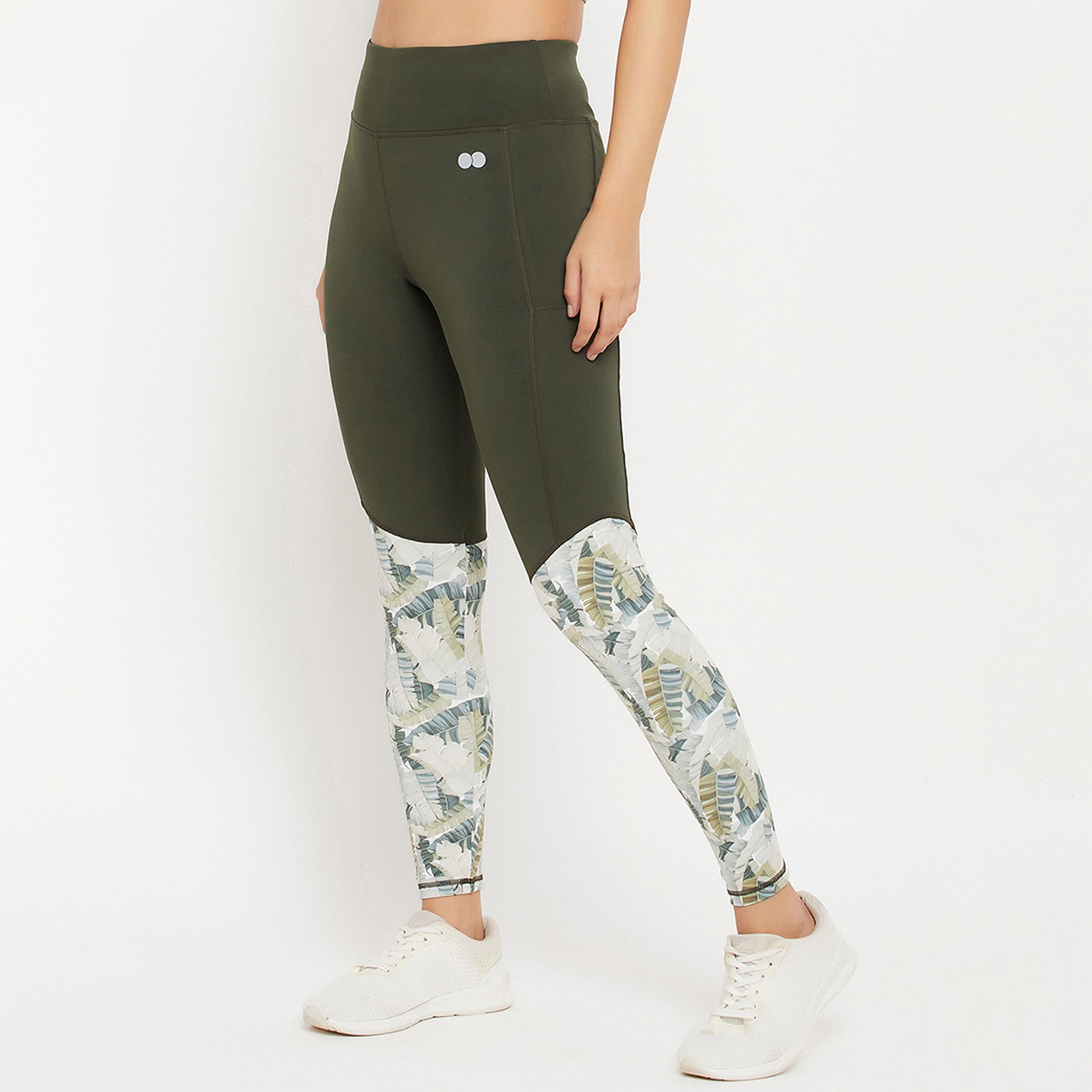 Clovia High Rise Women's Active Tights in Olive Green with Side Pocket & Printed Panels-women-clothing-sportswearandactivewear-bottoms-image-3
