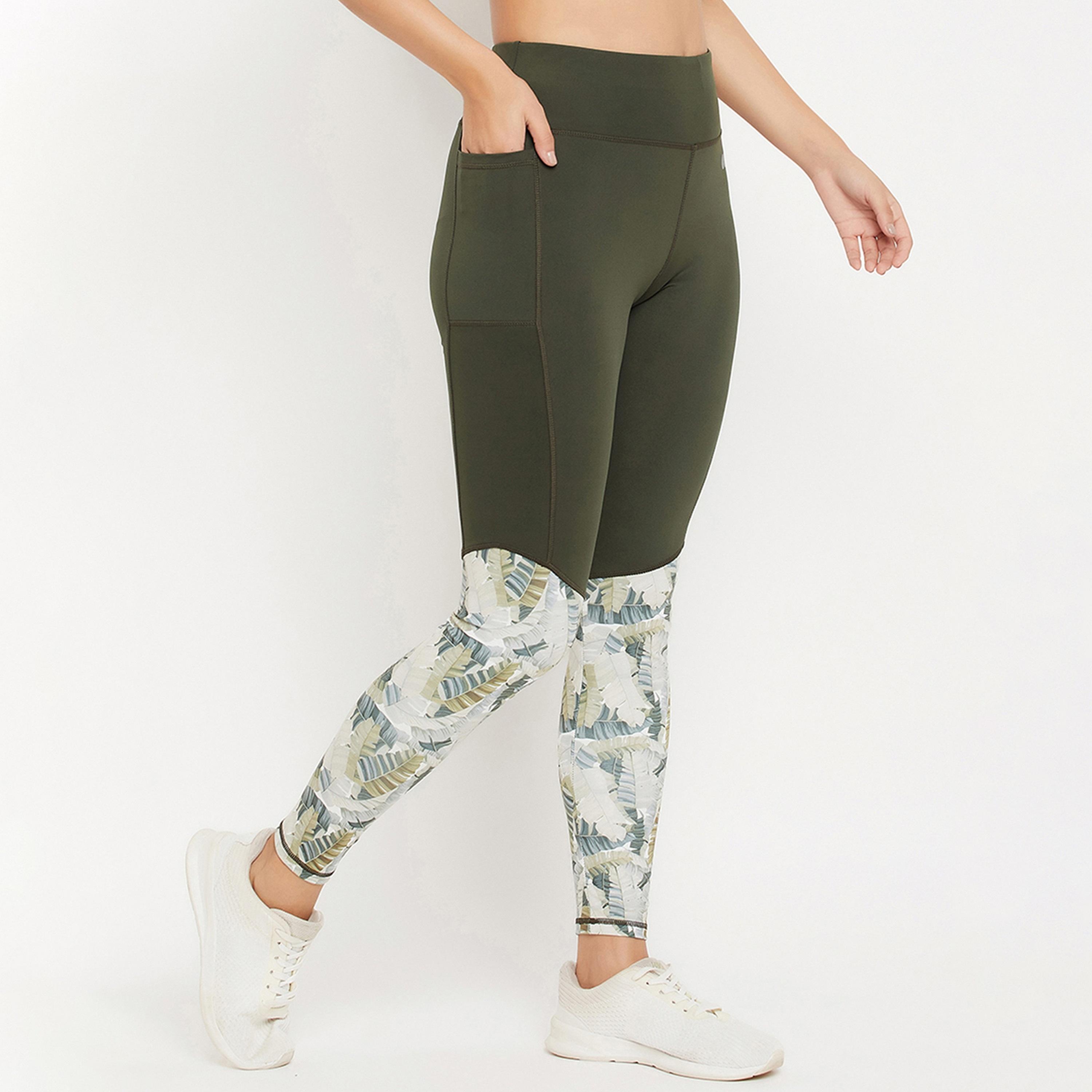 Clovia High Rise Women's Active Tights in Olive Green with Side Pocket & Printed Panels-women-clothing-sportswearandactivewear-bottoms-image-4