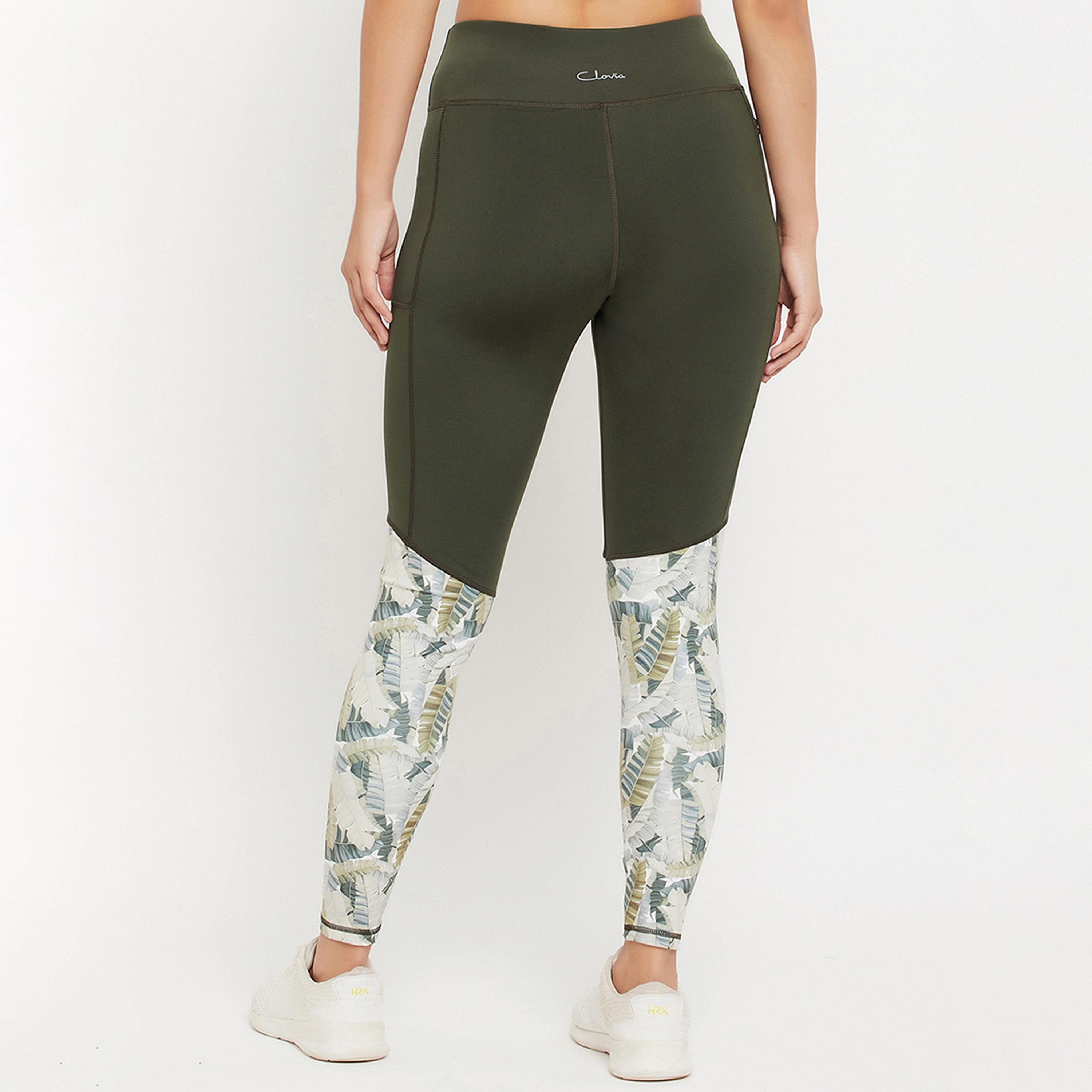 Clovia High Rise Women's Active Tights in Olive Green with Side Pocket & Printed Panels-women-clothing-sportswearandactivewear-bottoms-image-5