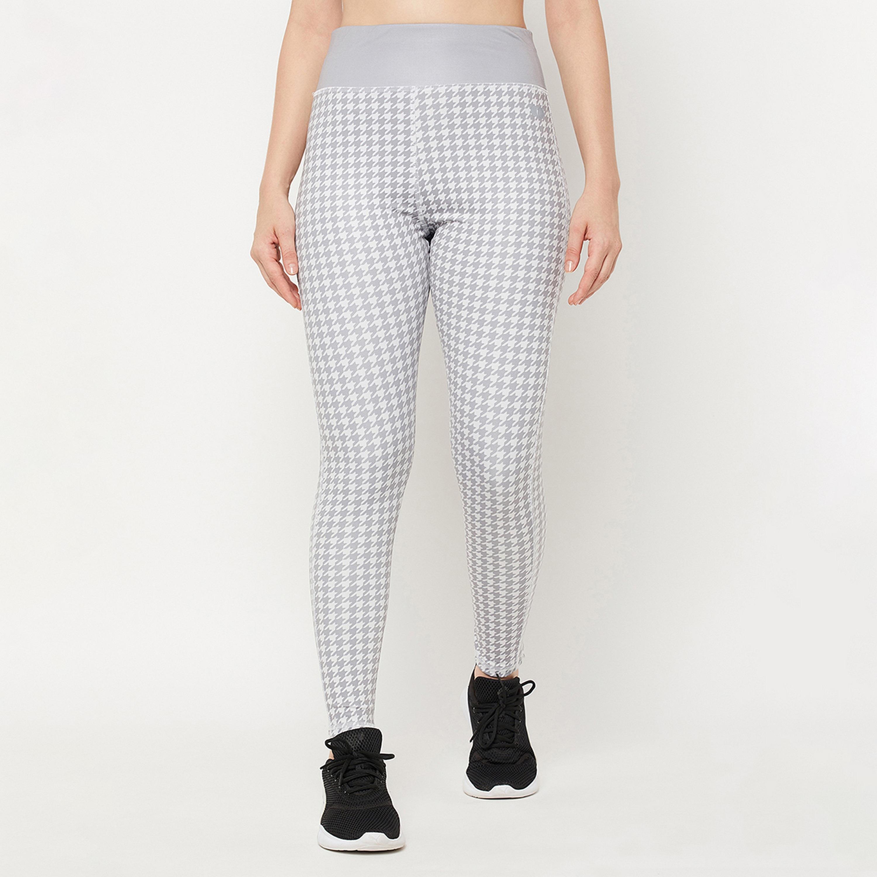 Clovia Snug Fit High-Rise Houndstooth Print Women's Active Tights in Grey-women-clothing-sportswearandactivewear-bottoms-image-1