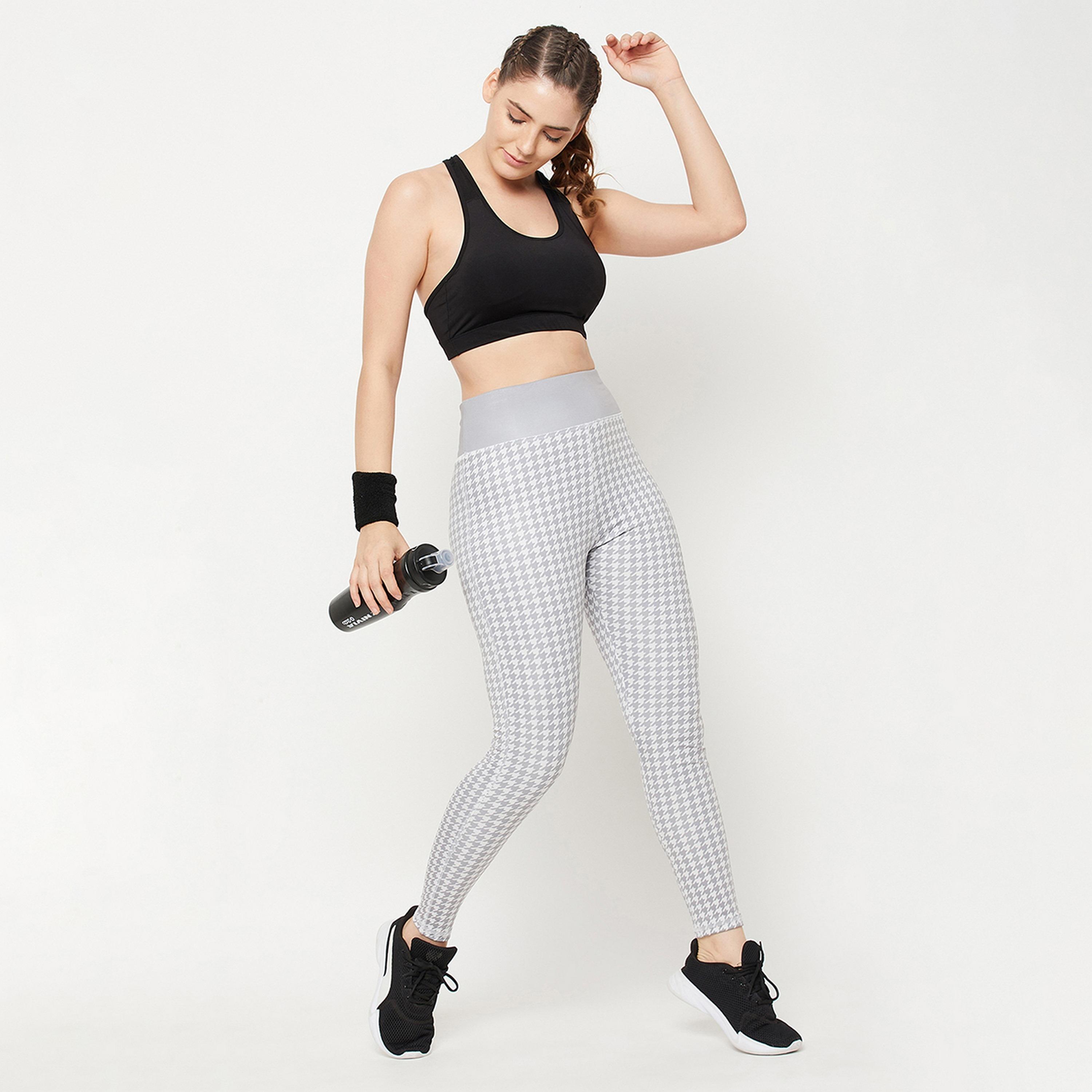 Clovia Snug Fit High-Rise Houndstooth Print Women's Active Tights in Grey-women-clothing-sportswearandactivewear-bottoms-image-2