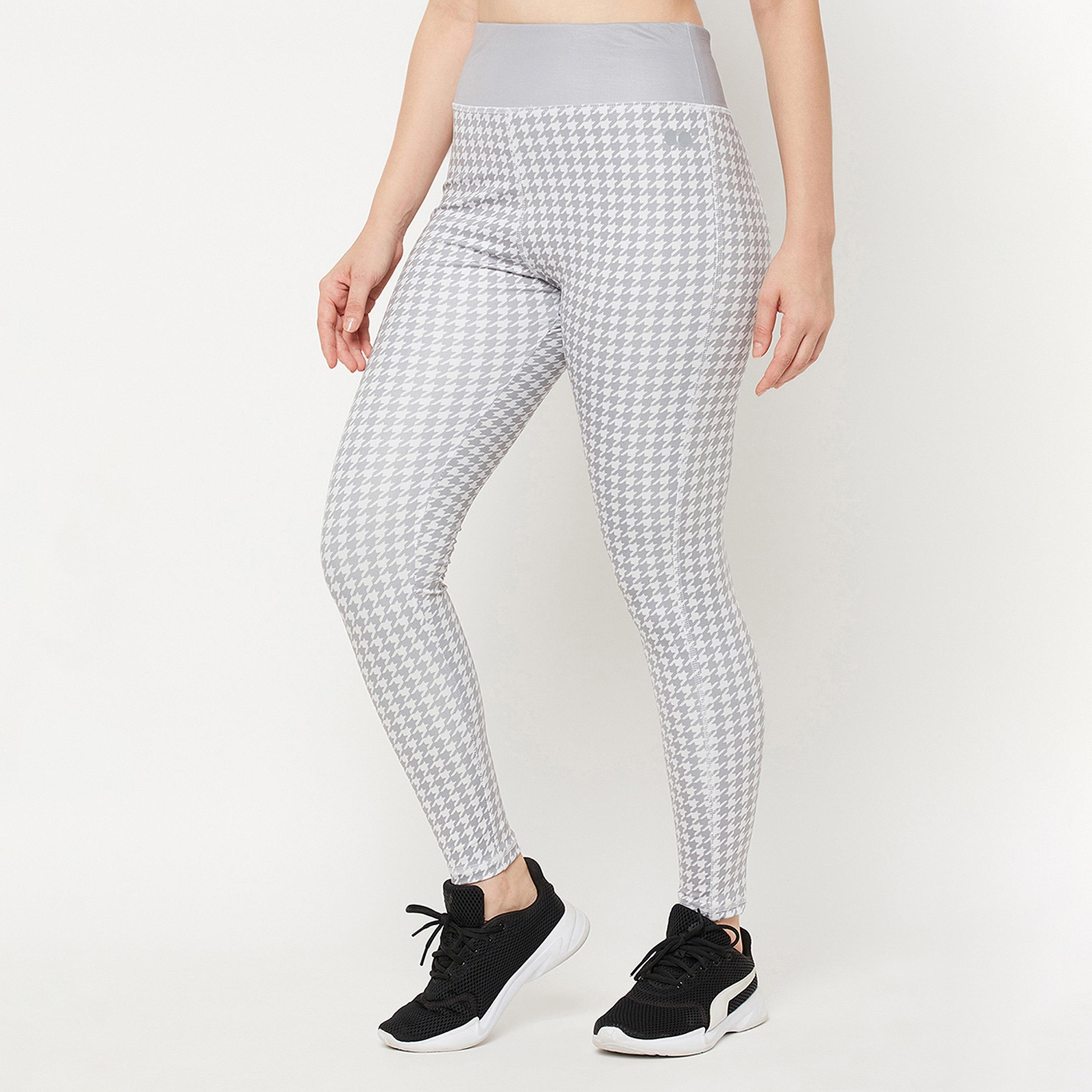 Clovia Snug Fit High-Rise Houndstooth Print Women's Active Tights in Grey-women-clothing-sportswearandactivewear-bottoms-image-3
