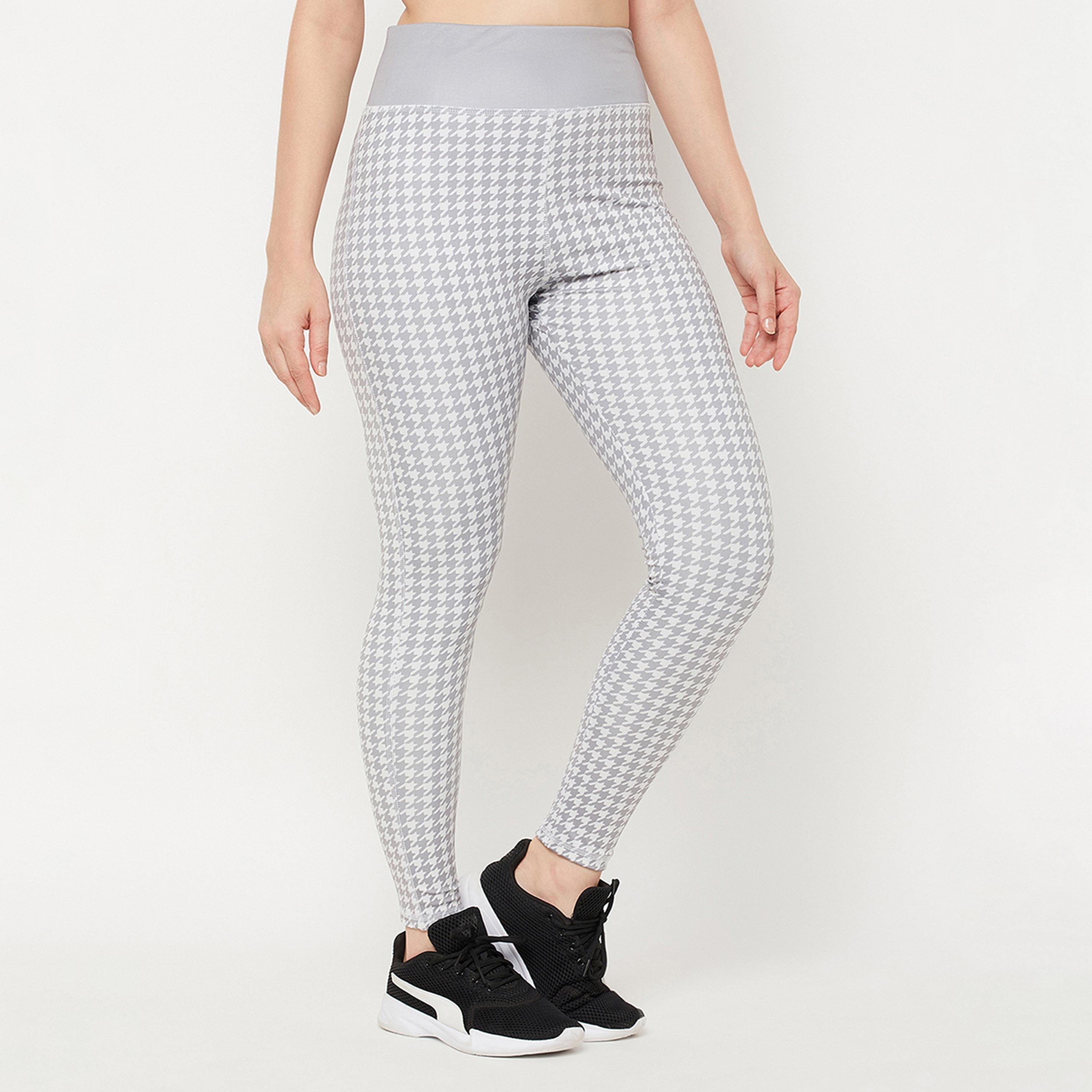 Clovia Snug Fit High-Rise Houndstooth Print Women's Active Tights in Grey-women-clothing-sportswearandactivewear-bottoms-image-4