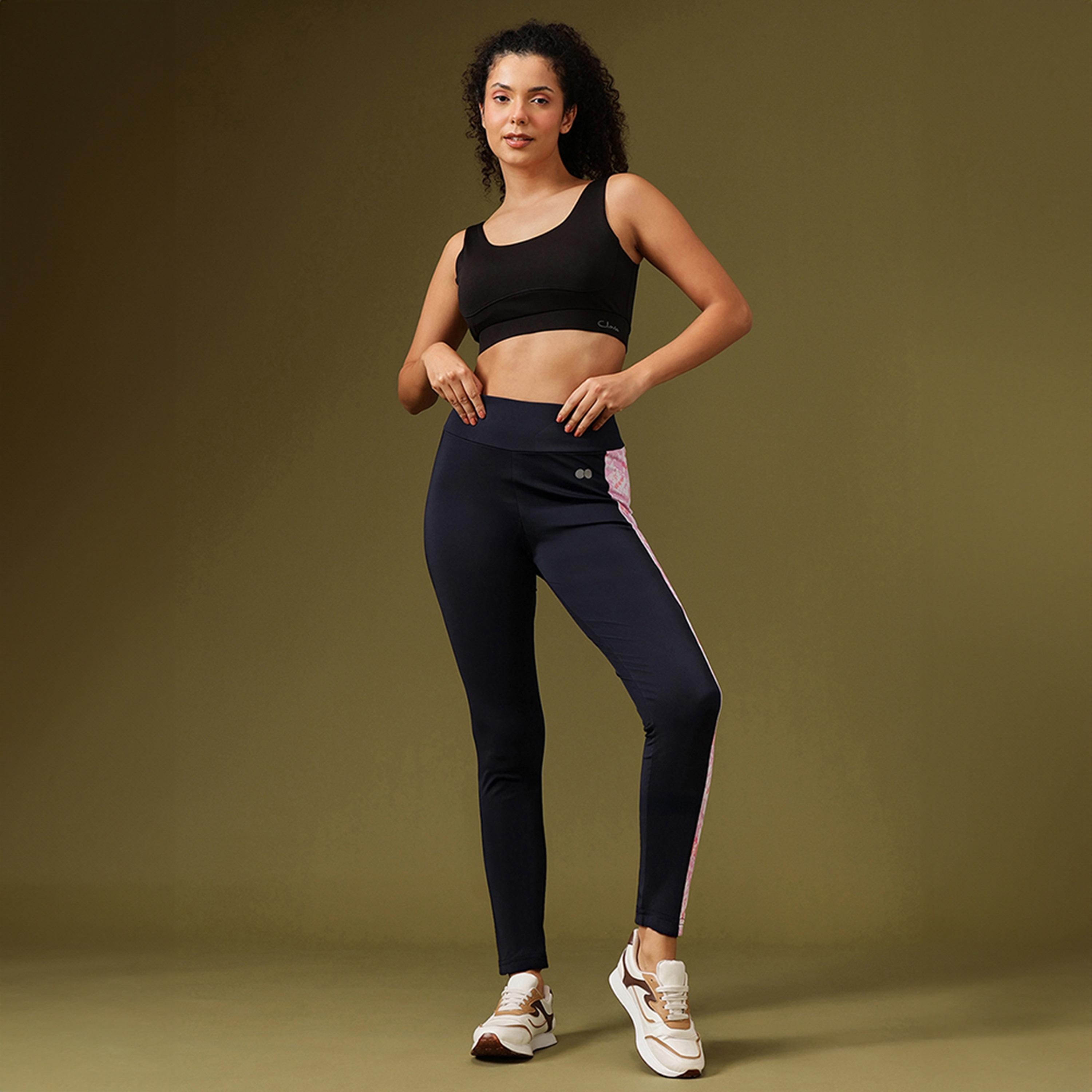 Clovia High Rise Women's Active Tights in Navy with Pink Side Panels-women-clothing-sportswearandactivewear-bottoms-leggings-image-2