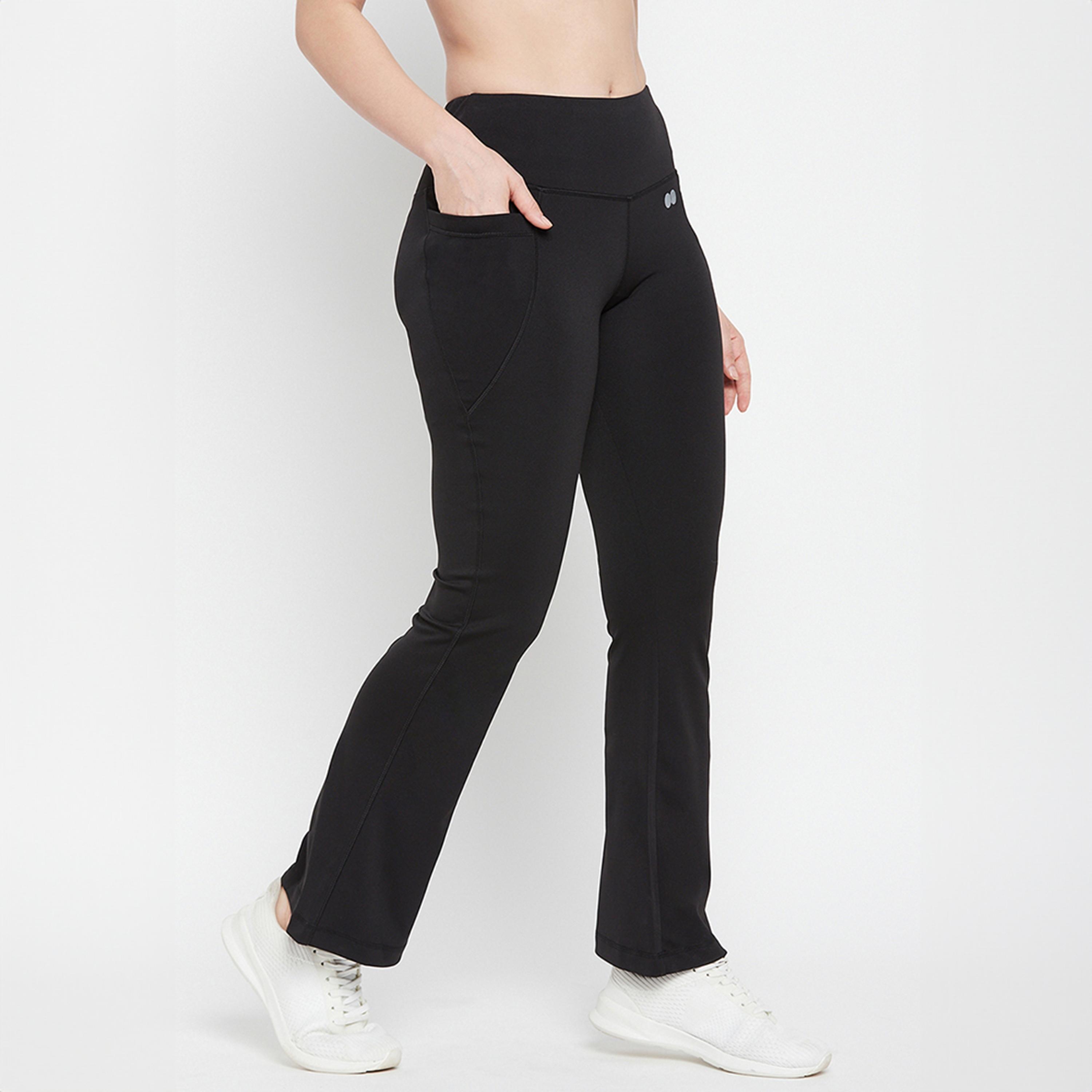 Clovia High Waist Flared Women's Yoga Pants in Black with Side Pockets-women-clothing-bottoms-joggers-image-3