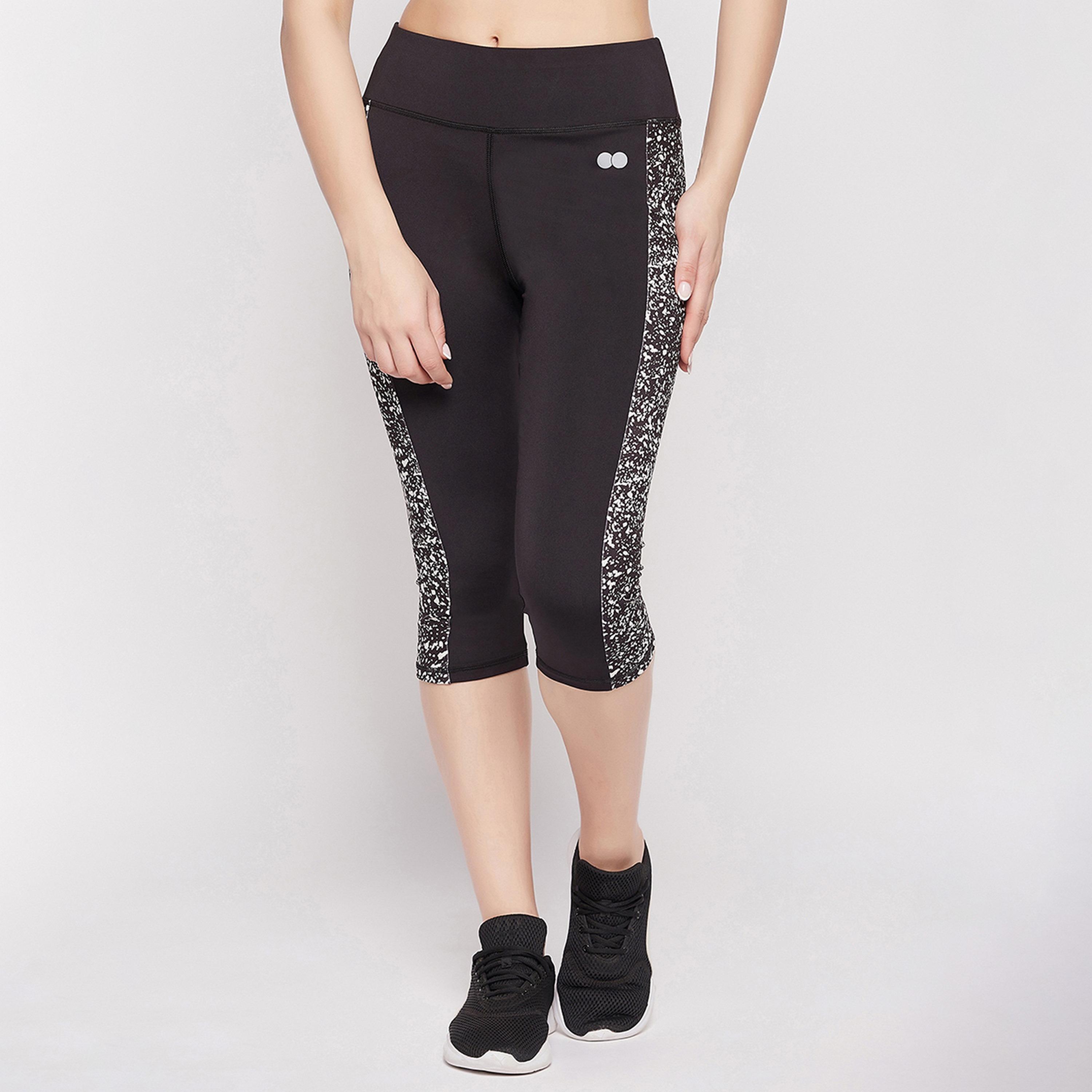 Clovia Snug Fit High-Rise Women's Active Capri in Black with Printed Panels-women-clothing-sportswearandactivewear-bottoms-image-1