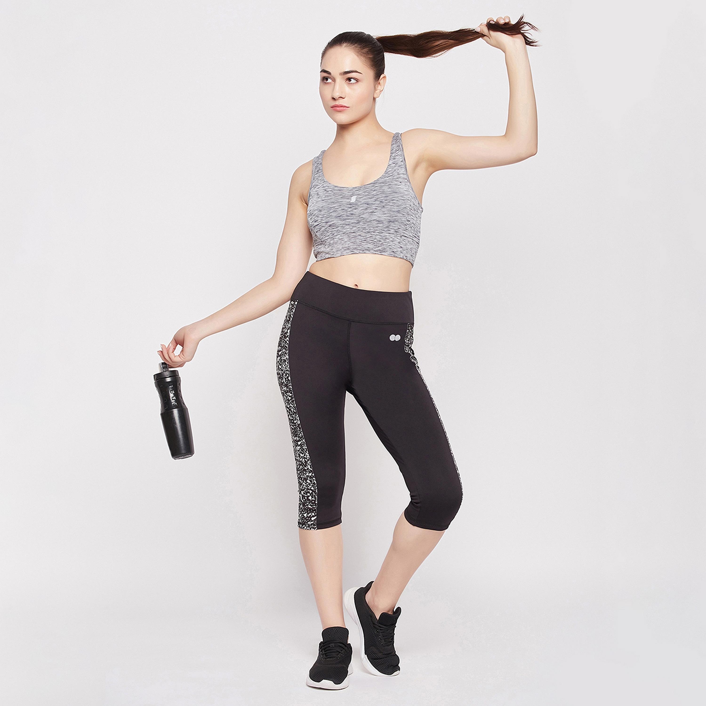 Clovia Snug Fit High-Rise Women's Active Capri in Black with Printed Panels-women-clothing-sportswearandactivewear-bottoms-image-2