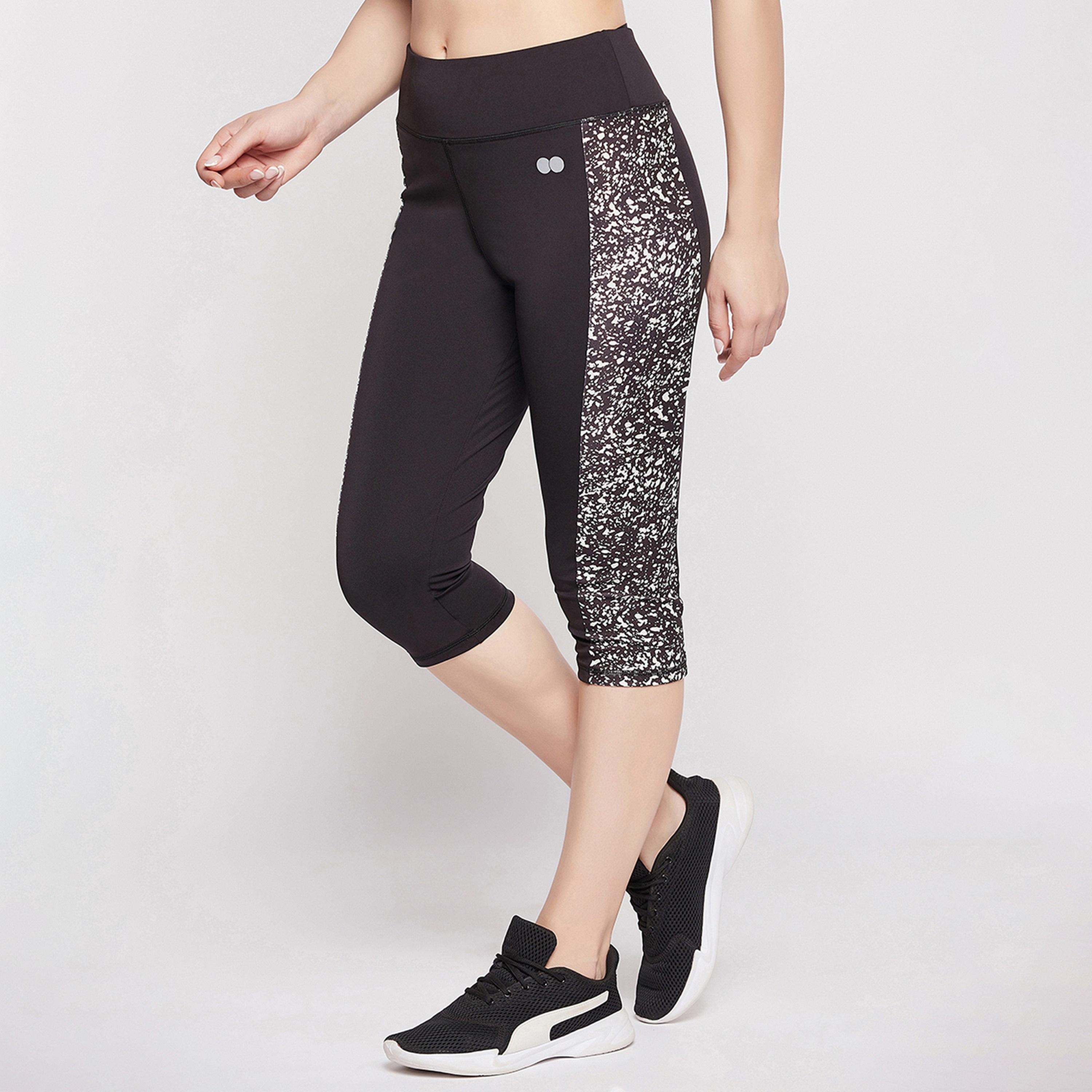 Clovia Snug Fit High-Rise Women's Active Capri in Black with Printed Panels-women-clothing-sportswearandactivewear-bottoms-image-3