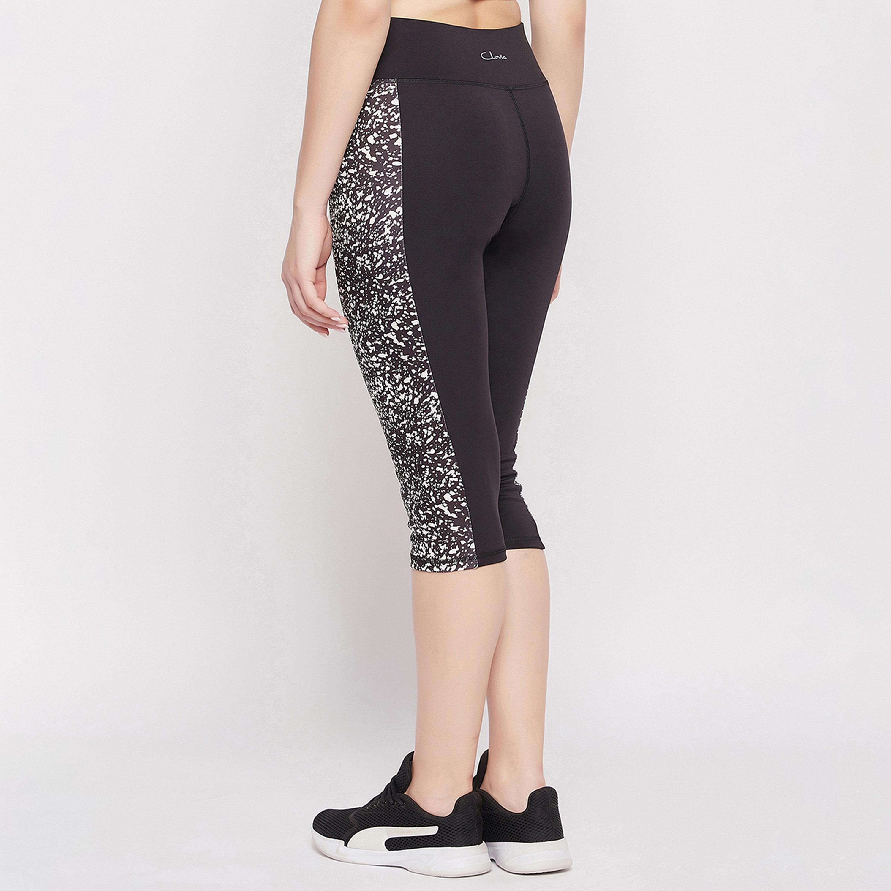Clovia Snug Fit High-Rise Women's Active Capri in Black with Printed Panels-women-clothing-sportswearandactivewear-bottoms-image-5