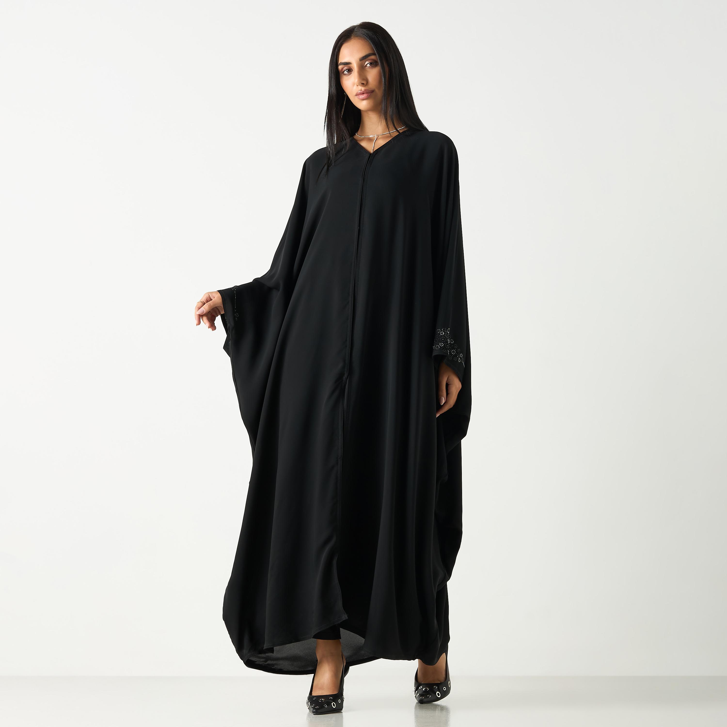 Hadiyath Al Madinah Embellished V-neck Abaya with Hijab-women-arabicclothing-abayas-image-1